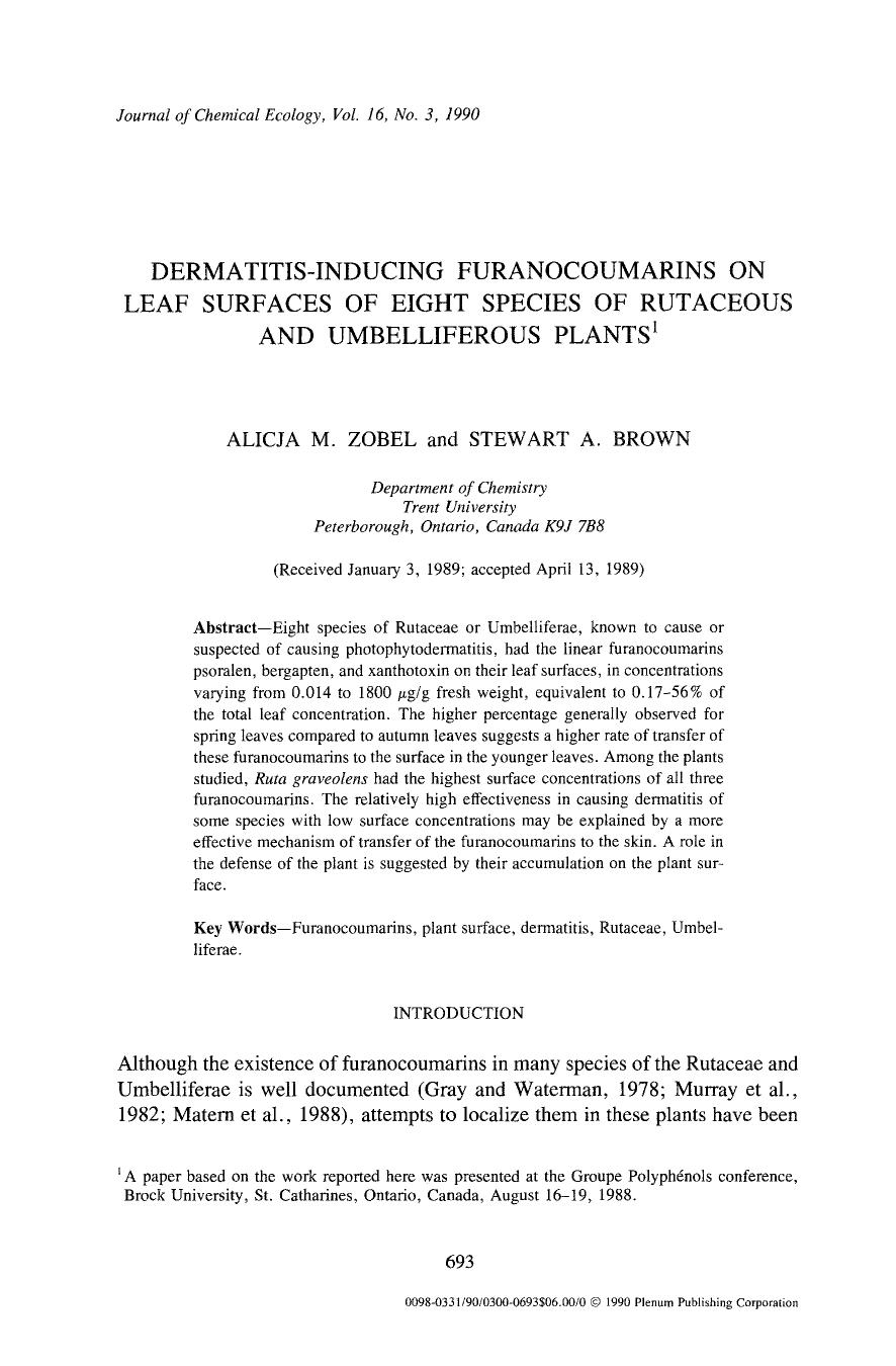Dermatitis-inducing furanocoumarins on leaf surfaces of eight species of Rutaceous and Umbelliferous plants by Unknown