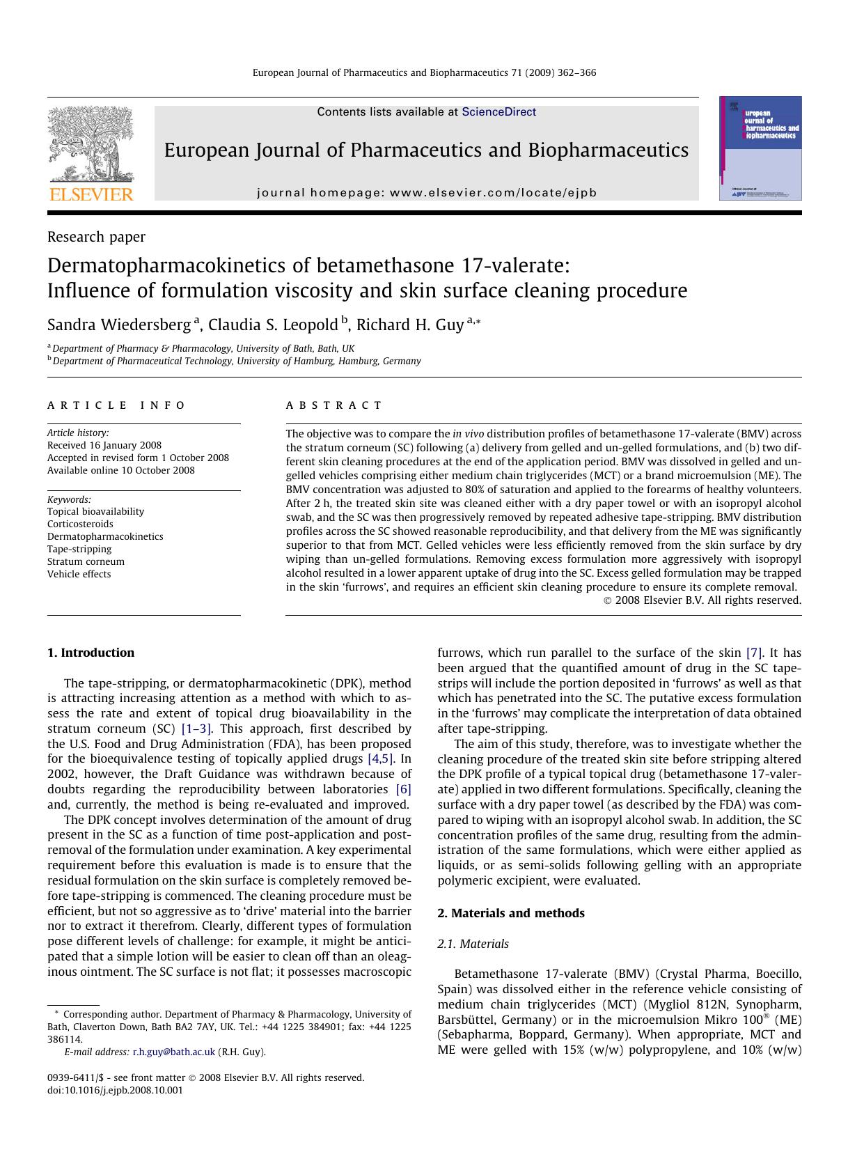 Dermatopharmacokinetics of betamethasone 17-valerate: Influence of formulation viscosity and skin surface cleaning procedure by Sandra Wiedersberg; Claudia S. Leopold; Richard H. Guy