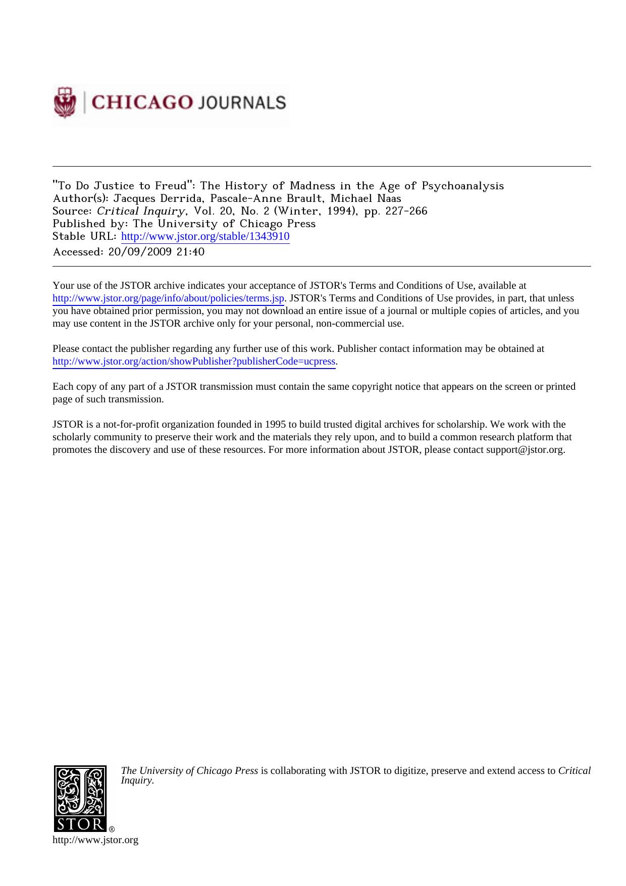 Derrida - 'To Do Justice to Freud' by The History of Madness in the Age of Psychoanalysis