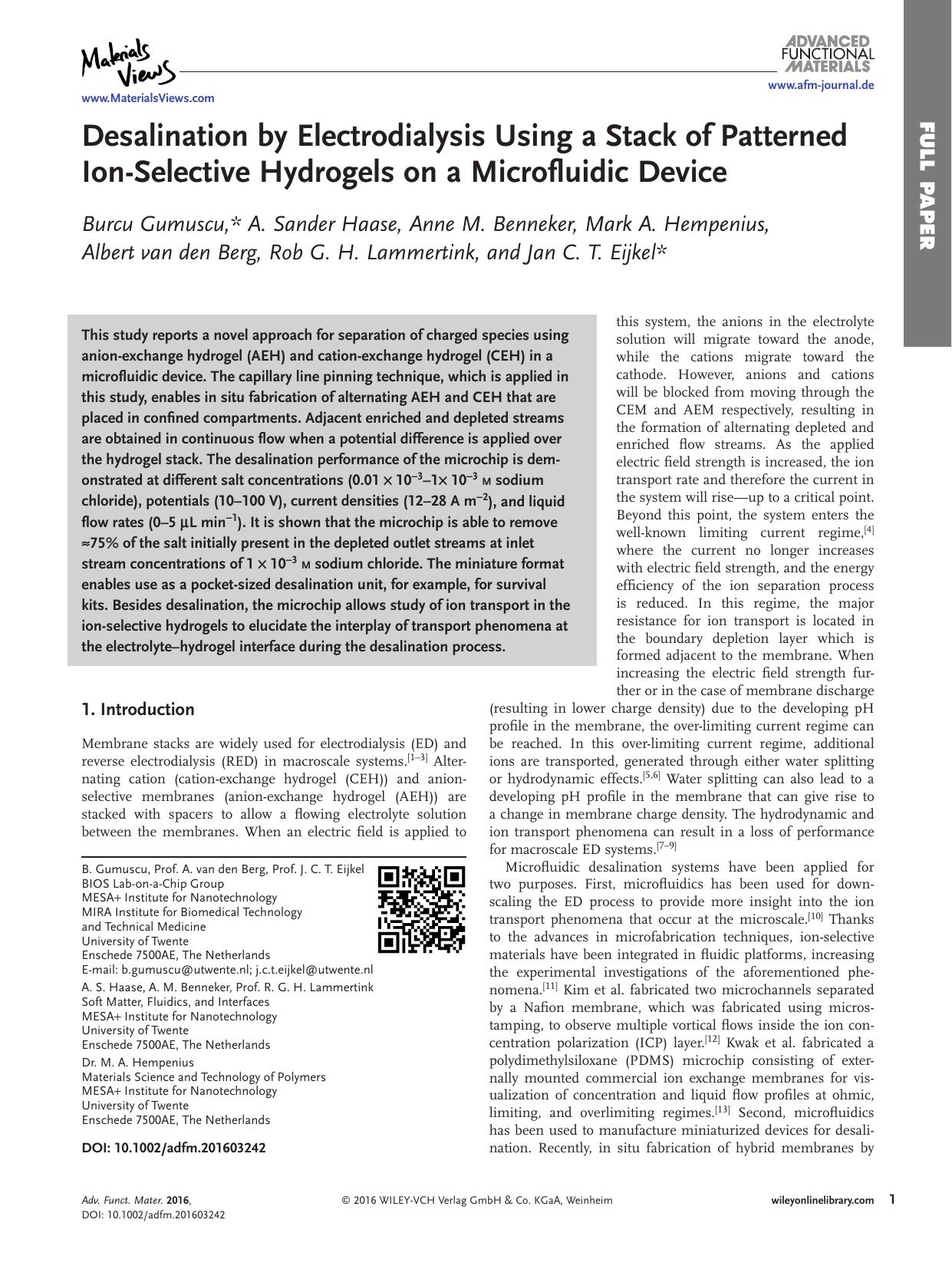 Desalination by Electrodialysis Using a Stack of Patterned Ion‐Selective Hydrogels on a Microfluidic Device by Unknown