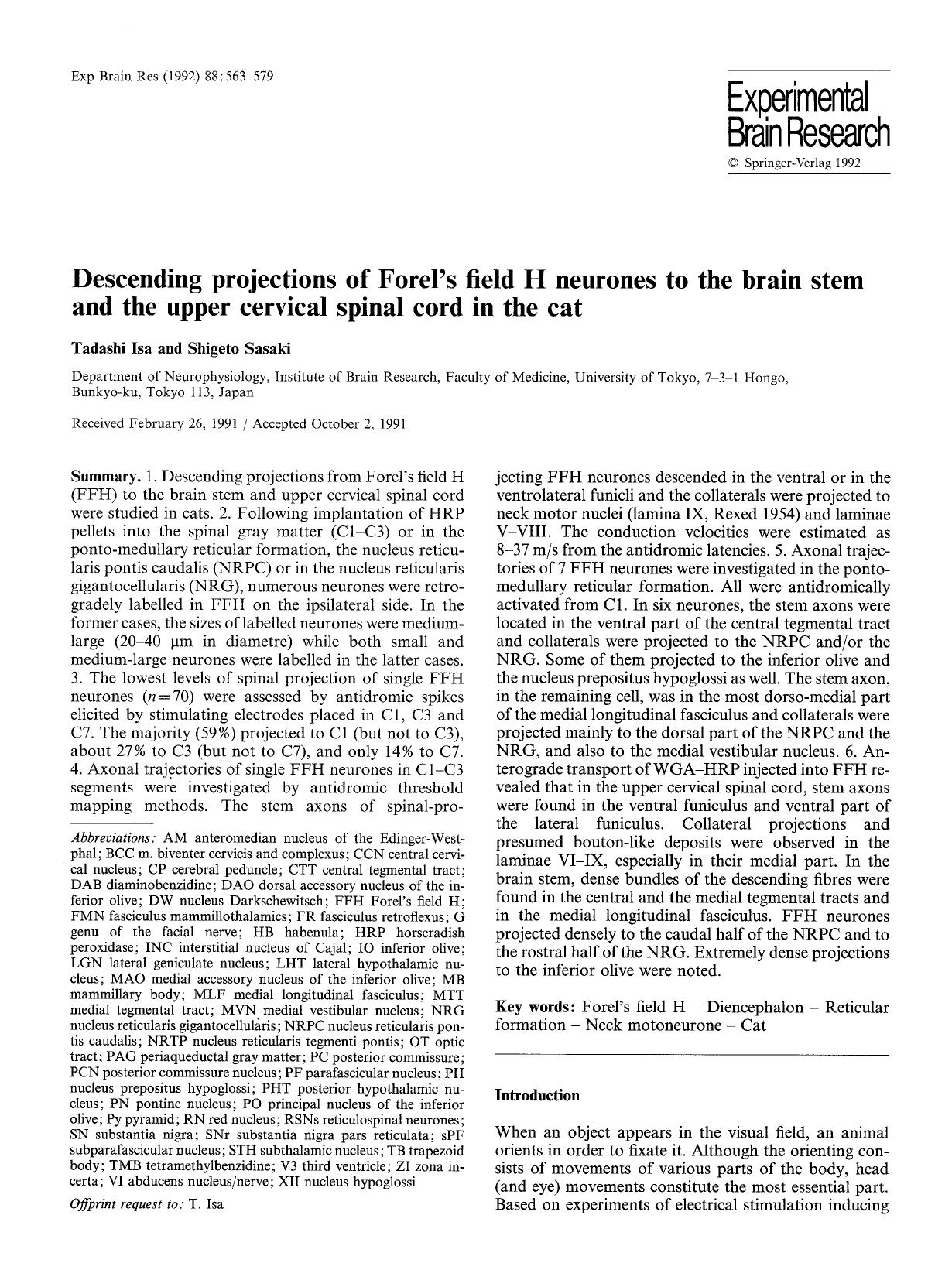 Descending projections of Forel's field H neurones to the brain stem and the upper cervical spinal cord in the cat by Unknown