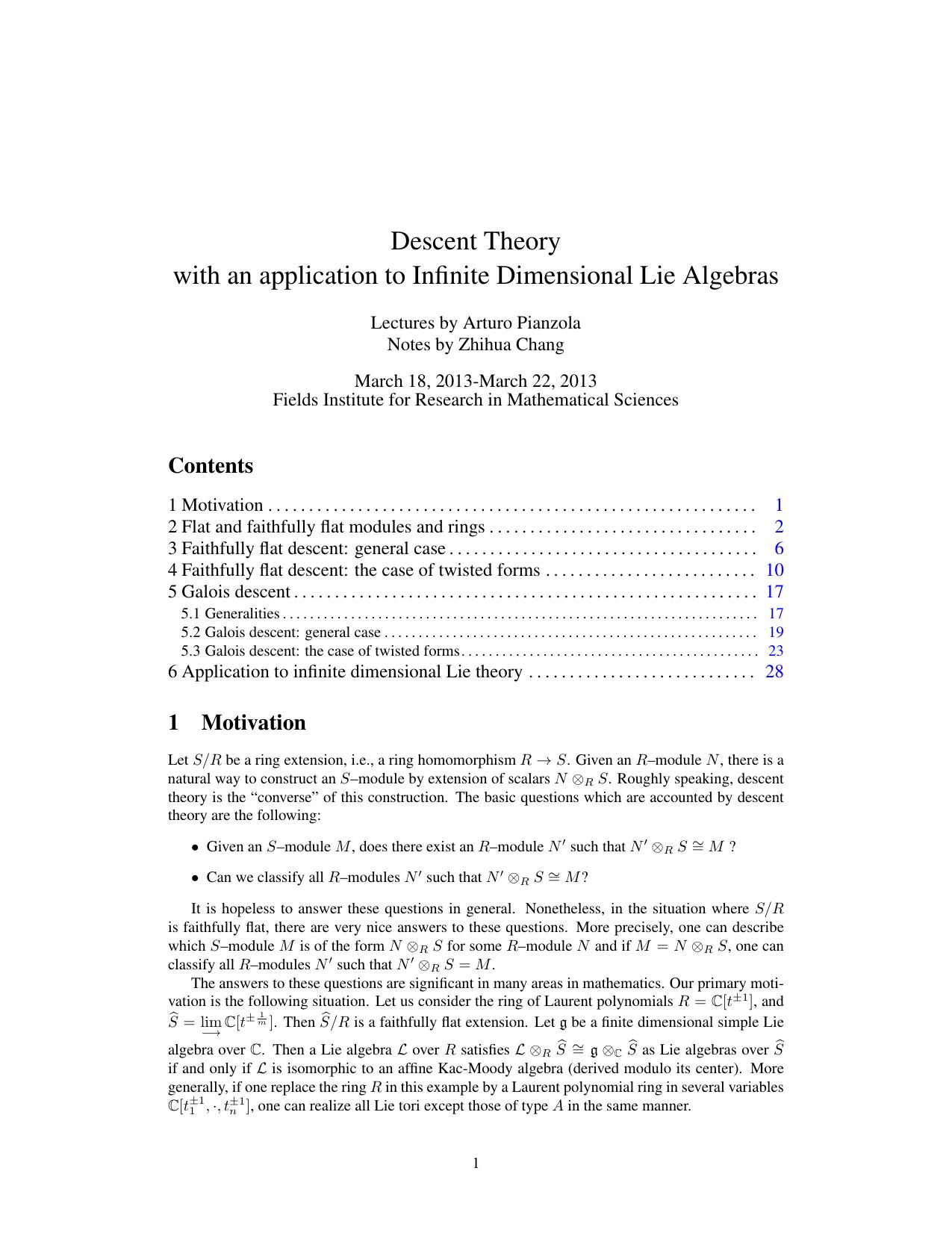 Descent Theory with an application to Infinite Dimensional Lie Algebras [Lecture notes] by Arturo Pianzola Z. Chang
