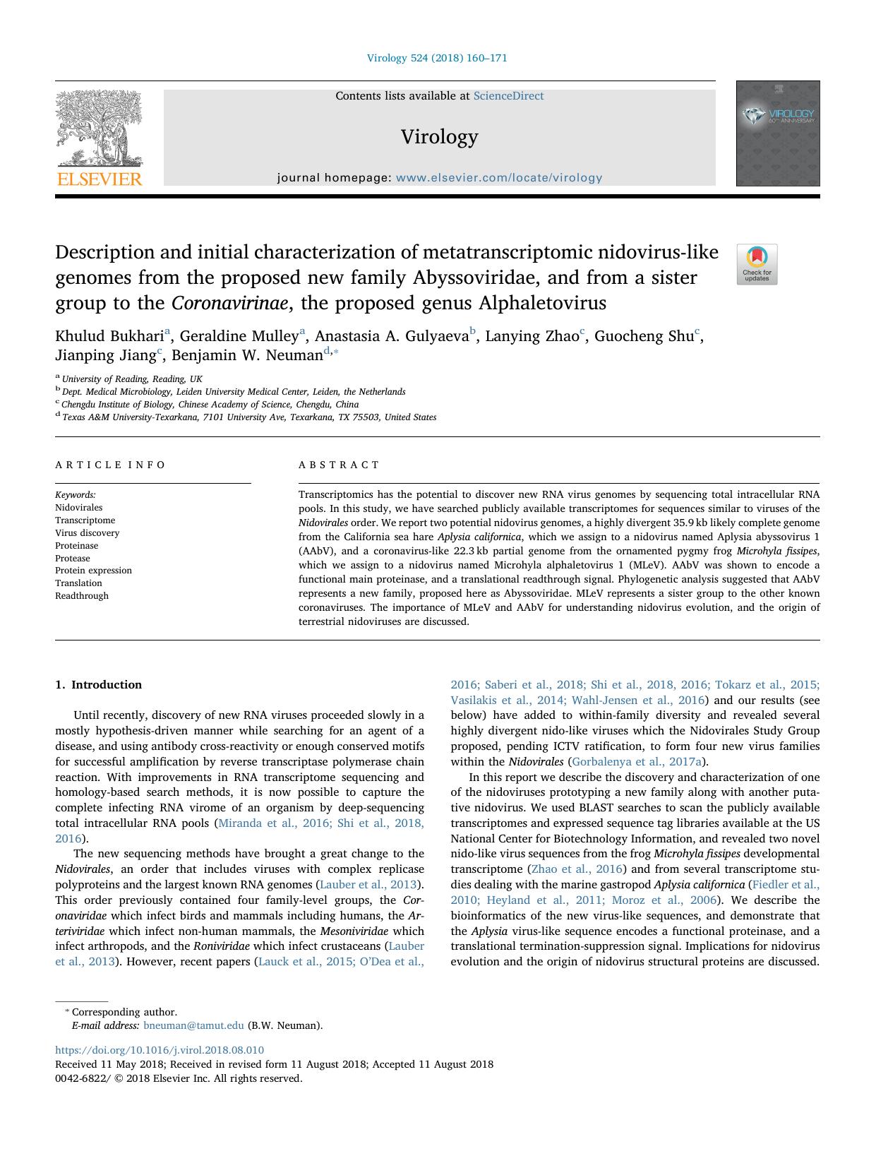Description and initial characterization of metatranscriptomic nidovirus-like genomes from the proposed new family Abyssoviridae, and from a sister group to the Coronavirinae, the by unknow