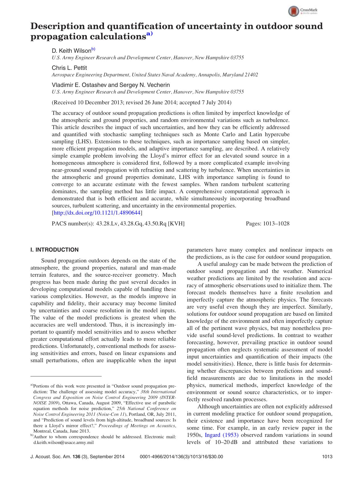Description and quantification of uncertainty in outdoor sound propagation calculationsa) by D. Keith Wilson & Chris L. Pettit & Vladimir E. Ostashev & Sergey N. Vecherin