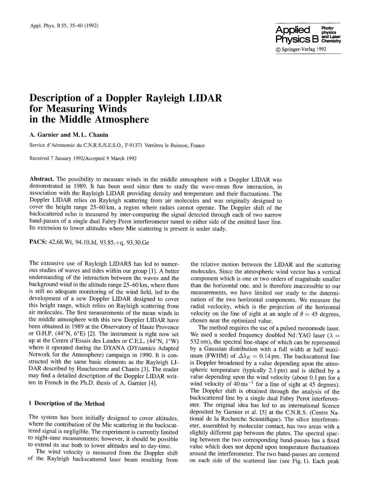 Description of a Doppler rayleigh LIDAR for measuring winds in the middle atmosphere by Unknown