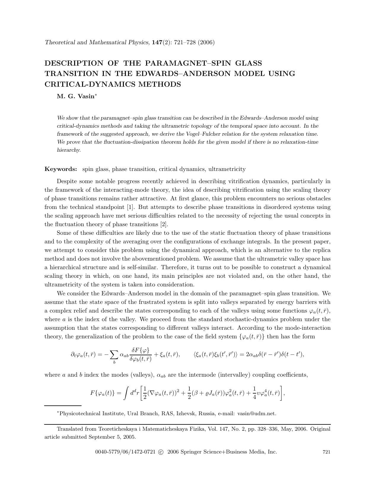Description of the paramagnet-spin glass transition in the Edwards-Anderson model using critical-dynamics methods by Unknown
