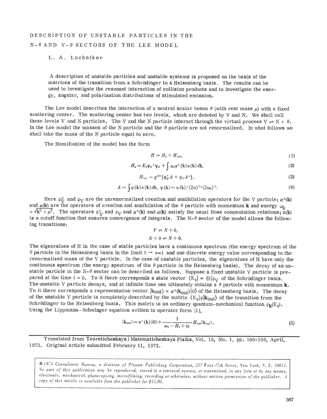 Description unstable particles in the N-θ and V-θ sectors of the lee model by Unknown