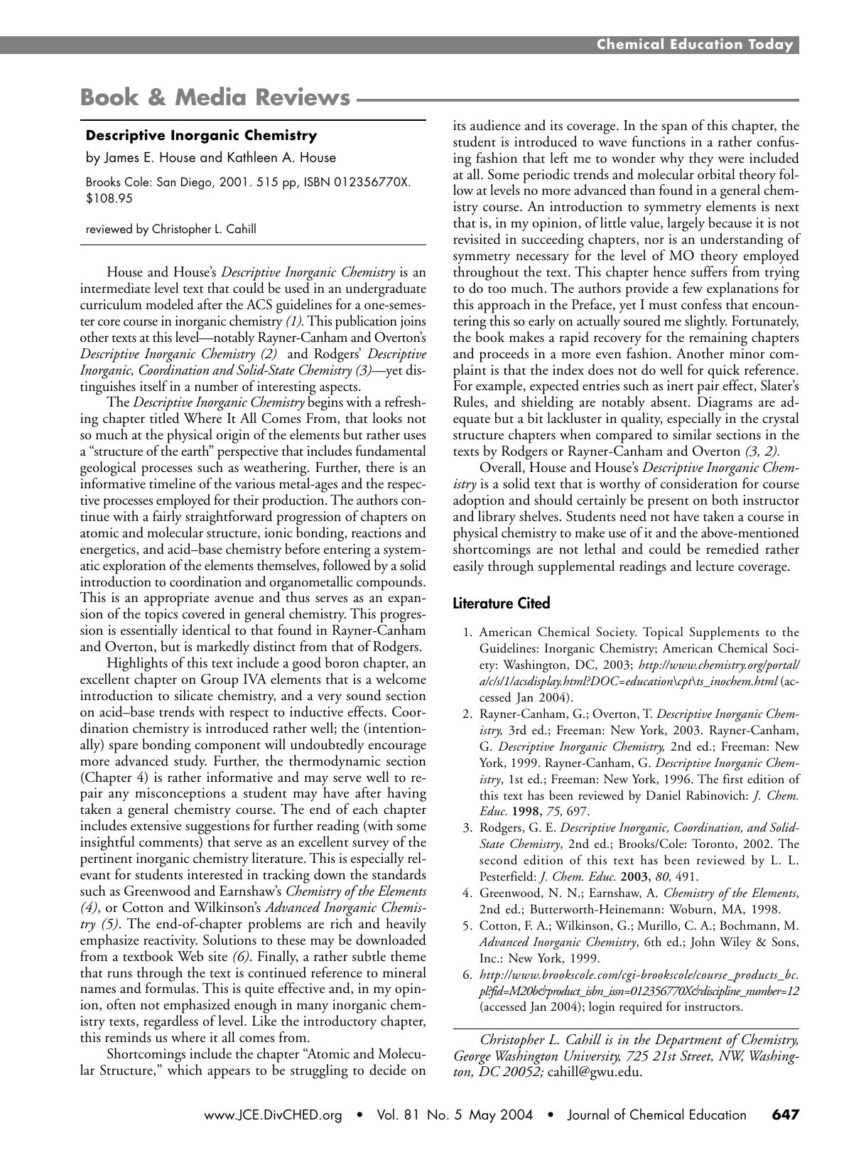 Descriptive Inorganic Chemistry (James E. House and Kathleen A. House) by Christopher L. Cahill