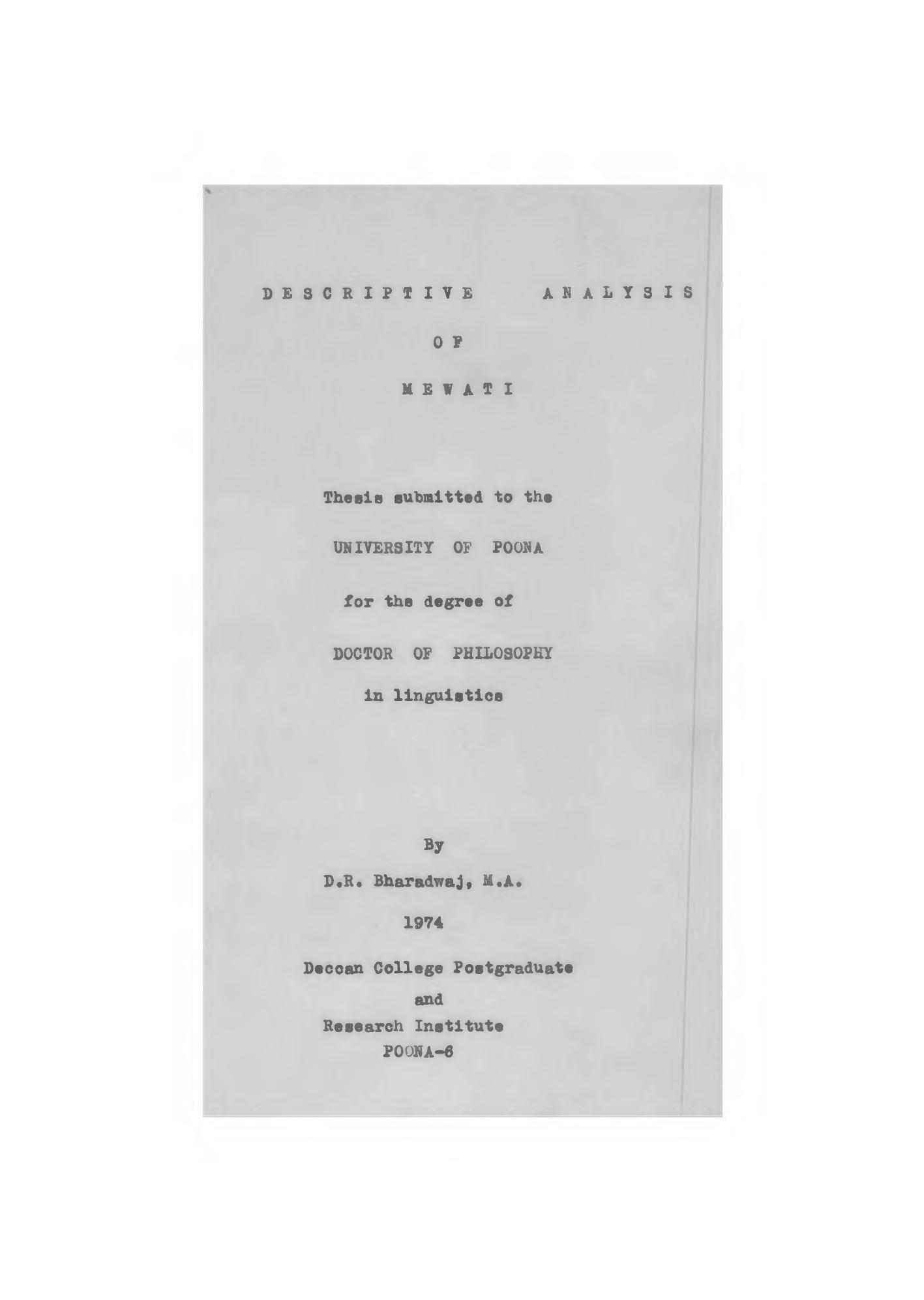 Descriptive analysis of Mewati by D. R. Bharadwaj