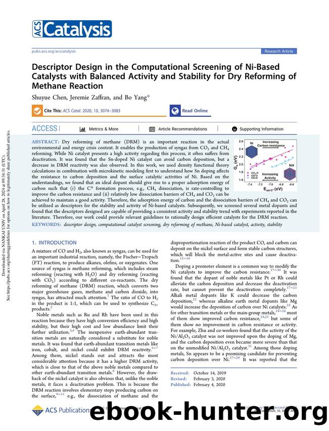 Descriptor Design in the Computational Screening of Ni-Based Catalysts with Balanced Activity and Stability for Dry Reforming of Methane Reaction by Shuyue Chen Jeremie Zaffran & Bo Yang