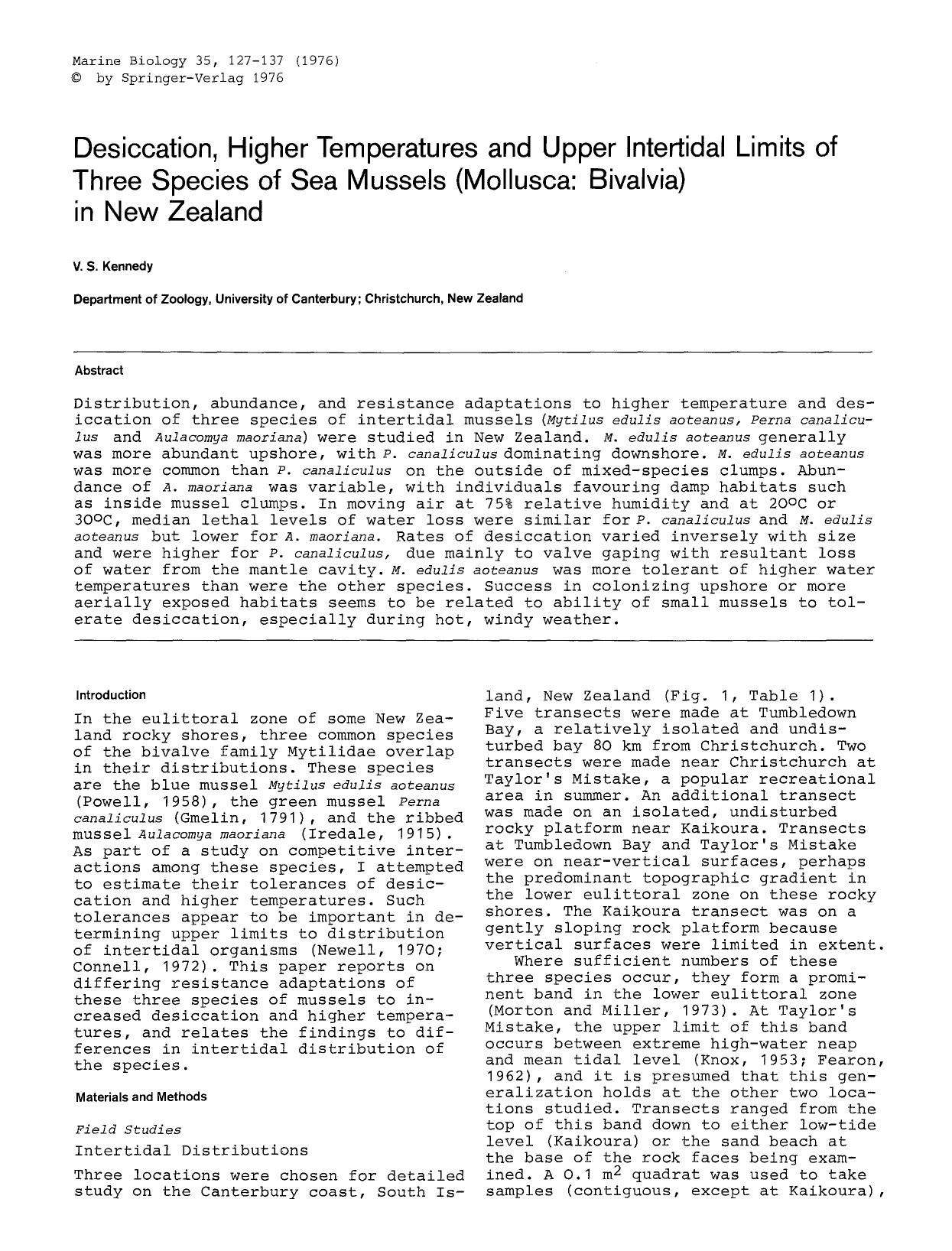 Desiccation, higher temperatures and upper intertidal limits of three species of sea mussels (Mollusca: Bivalvia) in New Zealand by Unknown