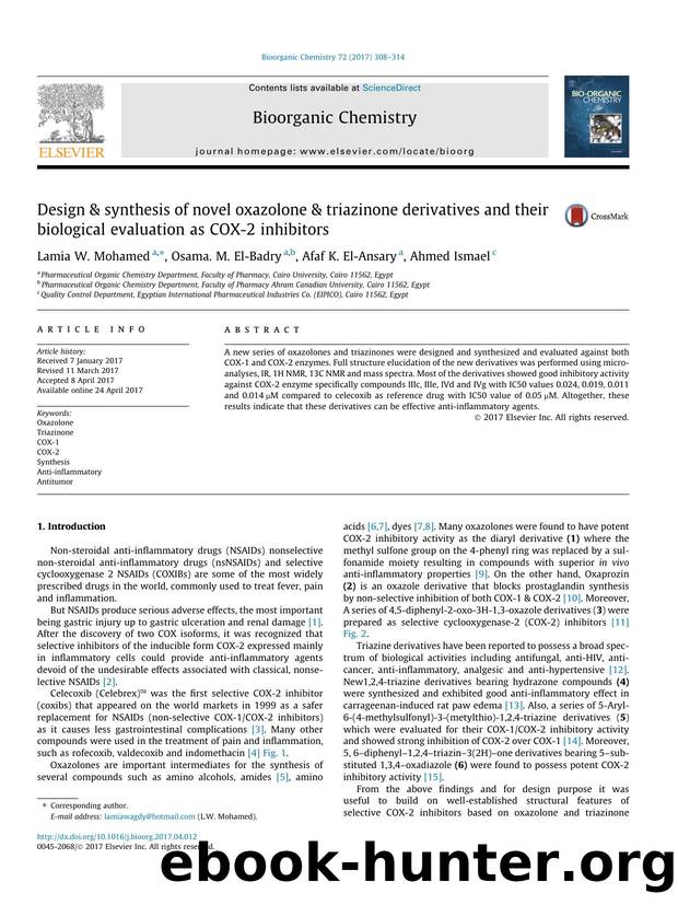 Design & synthesis of novel oxazolone & triazinone derivatives and their biological evaluation as COX-2 inhibitors by Lamia W. Mohamed & Osama. M. El-Badry & Afaf K. El-Ansary & Ahmed Ismael
