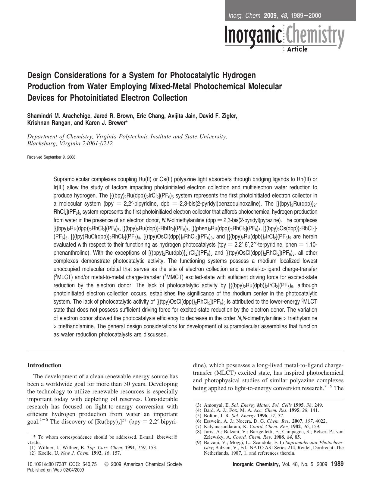 Design Considerations for a System for Photocatalytic Hydrogen Production from Water Employing Mixed-Metal Photochemical Molecular Devices for Photoinitiated Electron Collection by unknow