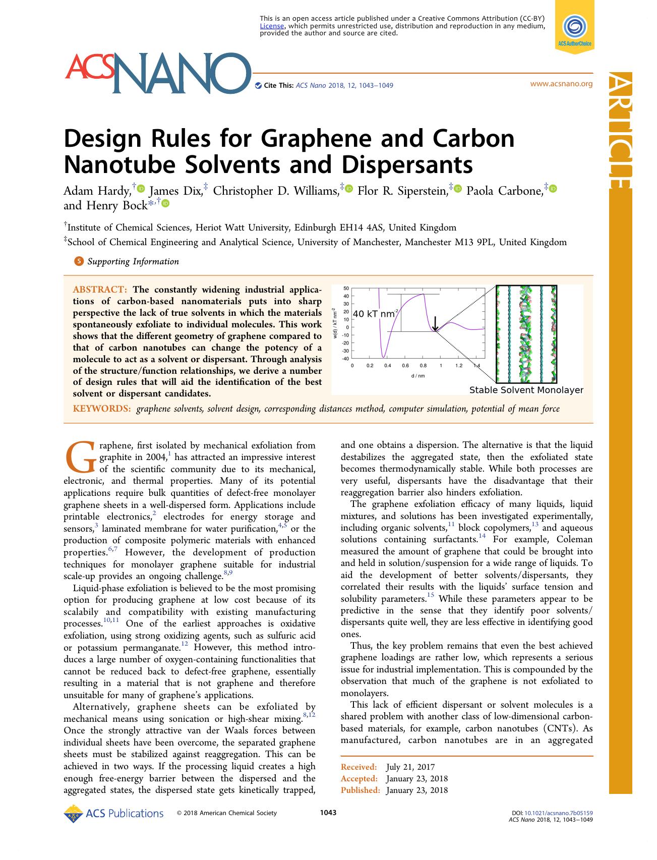 Design Rules for Graphene and Carbon Nanotube Solvents and Dispersants by Adam Hardy James Dix Christopher D. Williams Flor R. Siperstein Paola Carbone and Henry Bock