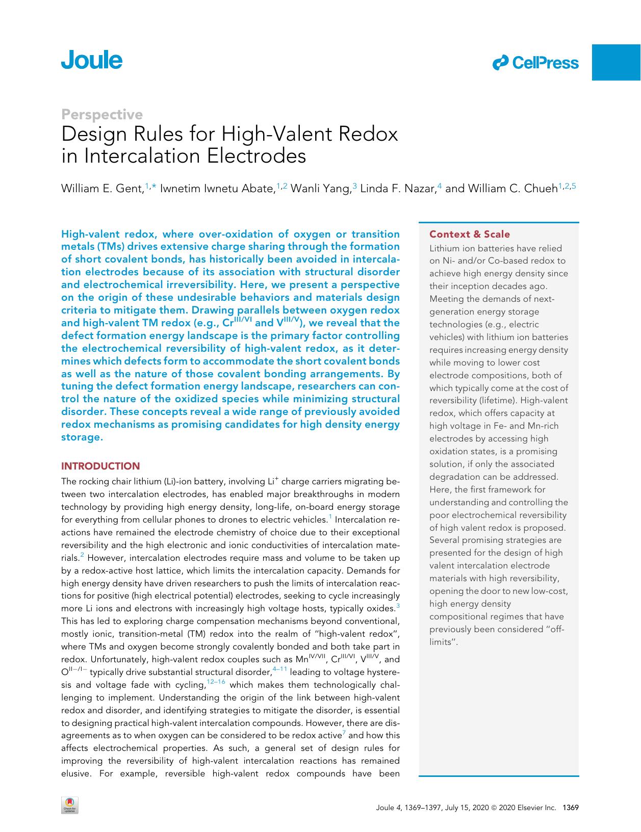 Design Rules for High-Valent Redox in Intercalation Electrodes by William E. Gent & Iwnetim Iwnetu Abate & Wanli Yang & Linda F. Nazar & William C. Chueh
