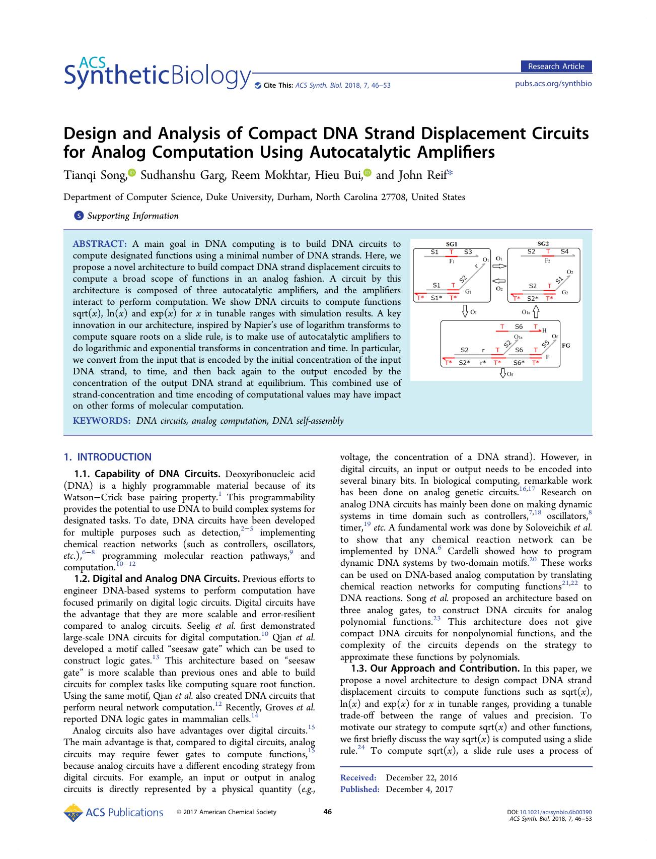 Design and Analysis of Compact DNA Strand Displacement Circuits for Analog Computation Using Autocatalytic Amplifiers by Tianqi Song Sudhanshu Garg Reem Mokhtar Hieu Bui and John Reif
