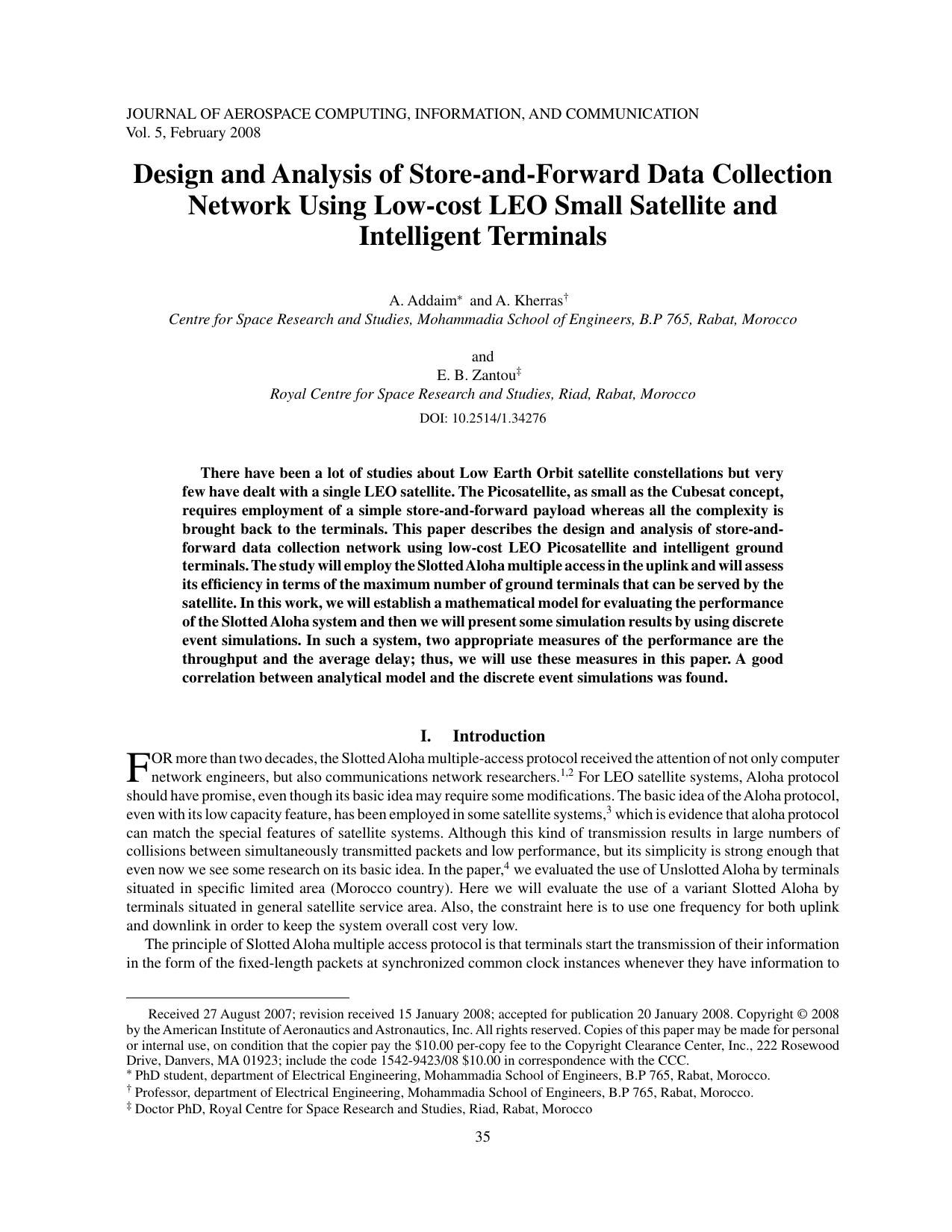 Design and Analysis of Store-and-Forward Data Collection Network using Low-cost LEO Nanosatellite and Intelligent Terminals by Unknown