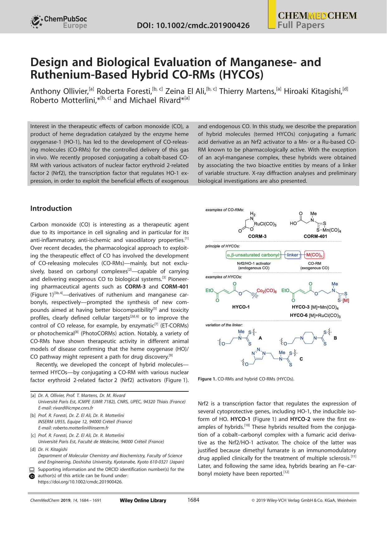 Design and Biological Evaluation of Manganeseâ and RutheniumâBased Hybrid COâRMs (HYCOs) by Unknown