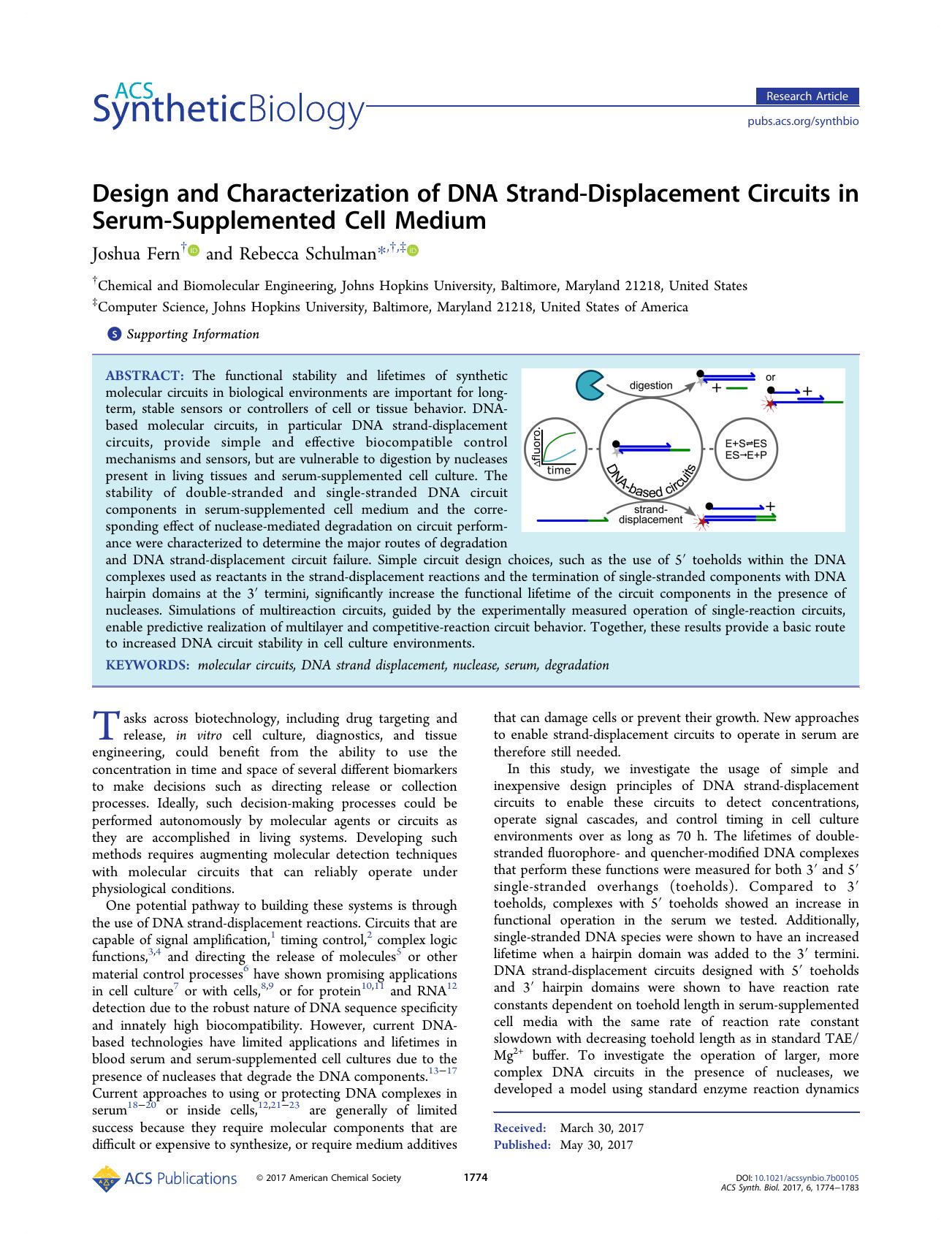 Design and Characterization of DNA Strand-Displacement Circuits in Serum-Supplemented Cell Medium by Joshua Fern and Rebecca Schulman