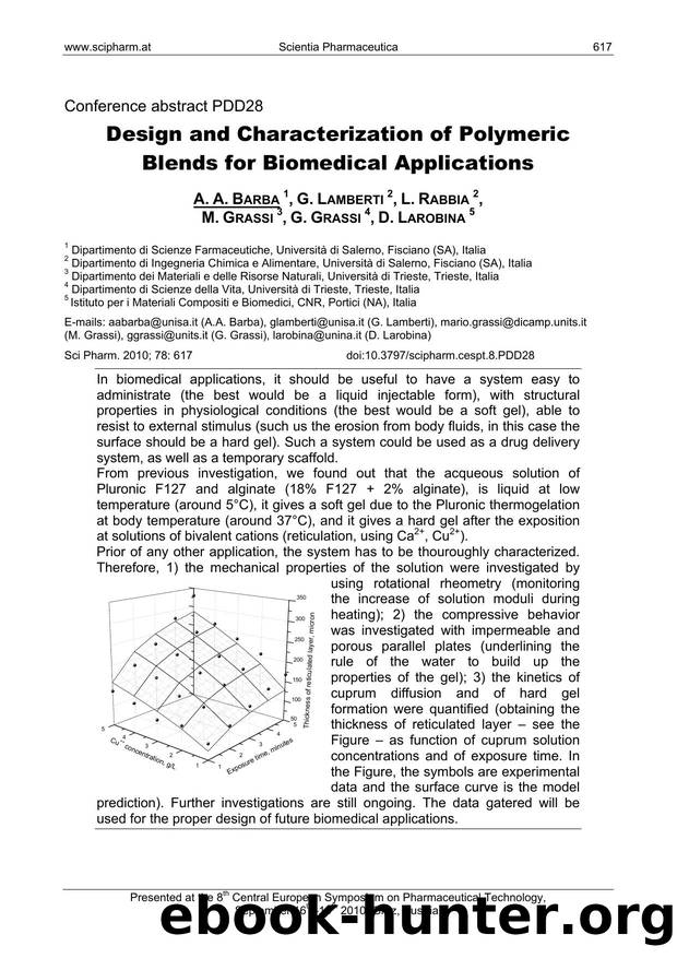 Design and Characterization of Polymeric Blends for Biomedical Applications by A. A. BARBA & G. LAMBERTI & L. RABBIA & M. GRASSI & G. GRASSI & D. LAROBINA