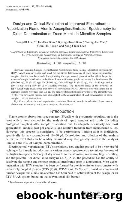 Design and Critical Evaluation of Improved Electrothermal Vaporization Flame Atomic AbsorptionEmission Spectrometry for Direct Determination of Trace Metals in Microliter Samples by Lee Y.-I. et al