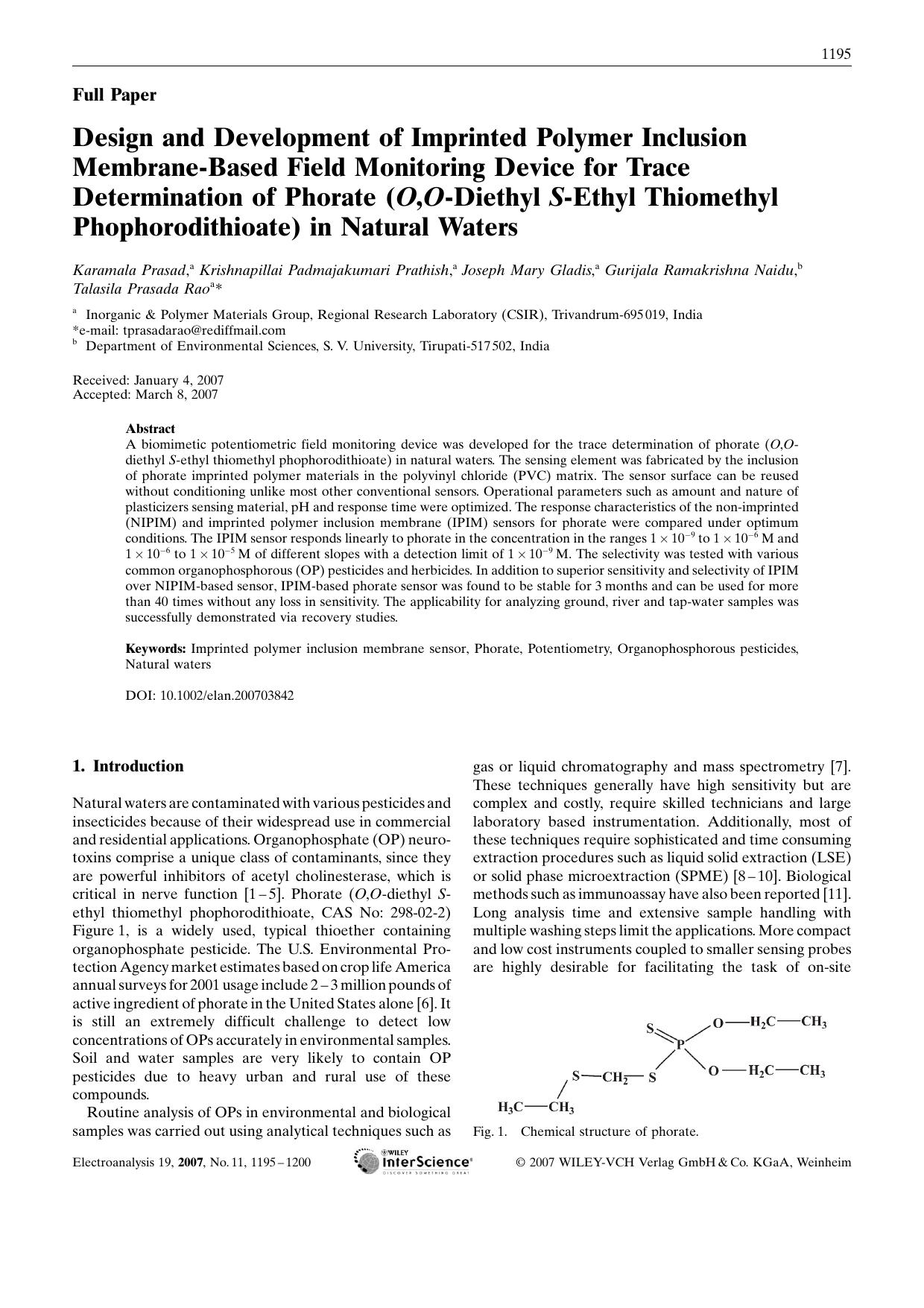 Design and Development of Imprinted Polymer Inclusion Membrane-Based Field Monitoring Device for Trace Determination of Phorate (O,O-Diethyl S-Ethyl Thiomethyl Phophorodithioate) in Natural Waters by Unknown