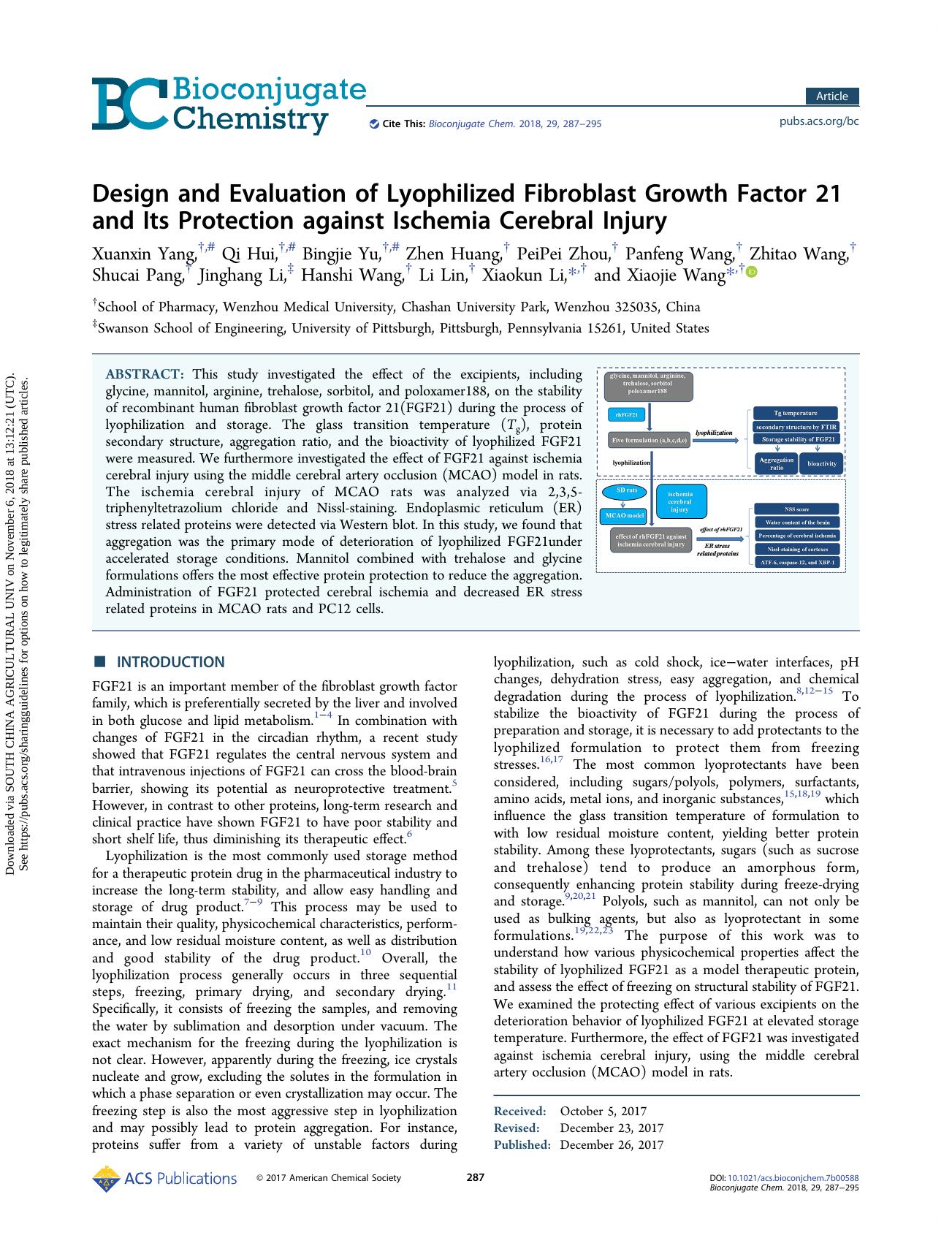 Design and Evaluation of Lyophilized Fibroblast Growth Factor 21 and Its Protection against Ischemia Cerebral Injury by unknow
