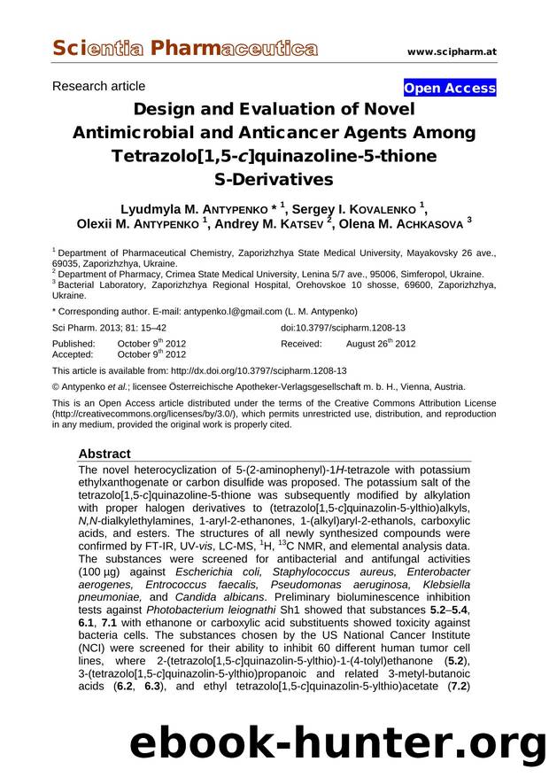 Design and Evaluation of Novel Antimicrobial and Anticancer Agents Among Tetrazolo[1,5-c]quinazoline-5-thione S-Derivatives by unknow