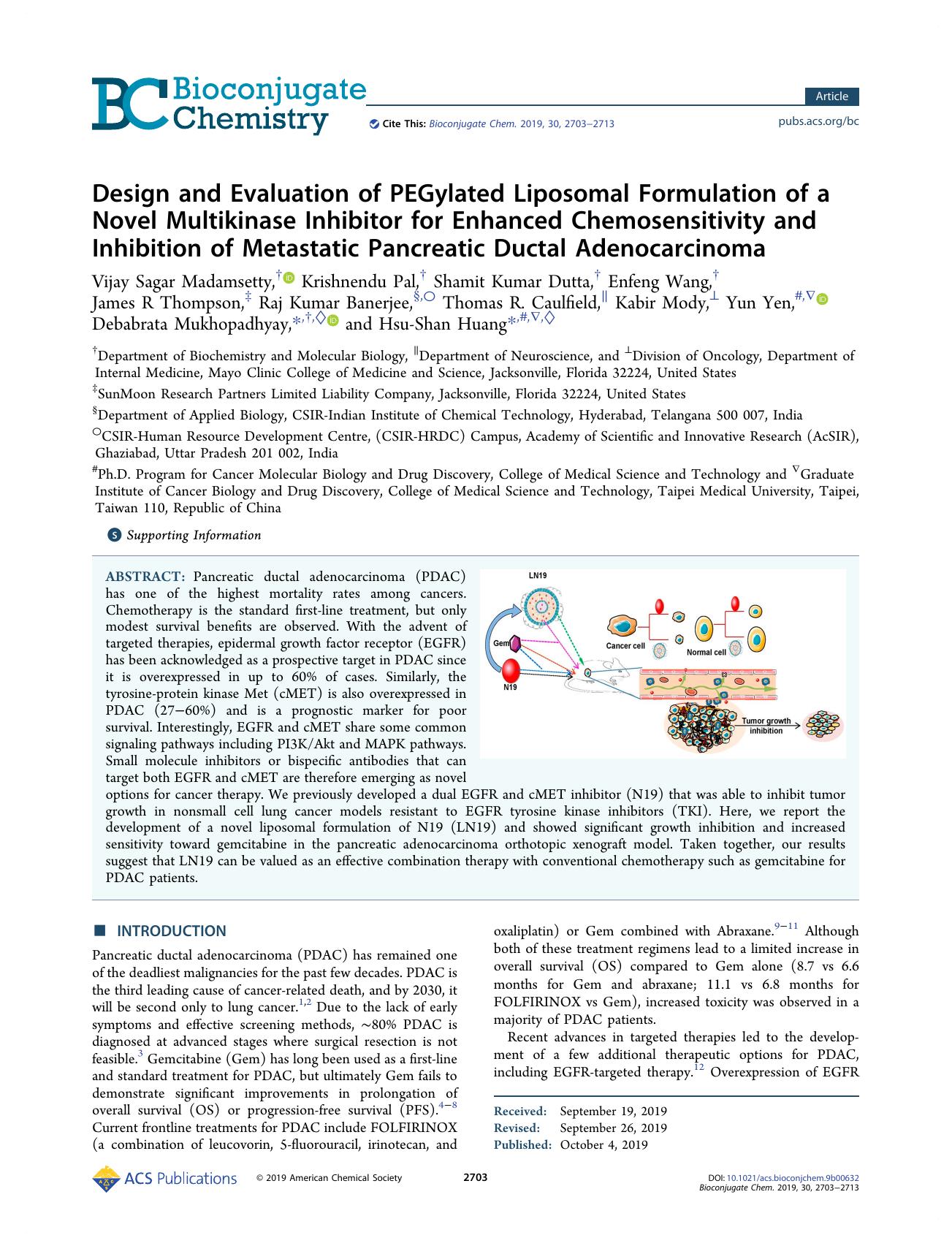 Design and Evaluation of PEGylated Liposomal Formulation of a Novel Multikinase Inhibitor for Enhanced Chemosensitivity and Inhibition of Metastatic Pancreatic Ductal Adenocarcinoma by unknow