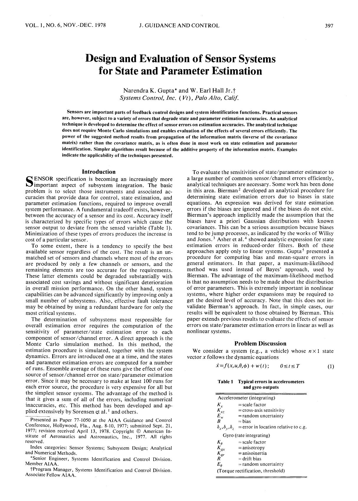 Design and Evaluation of Sensor Systems for State and Parameter Estimation by Unknown