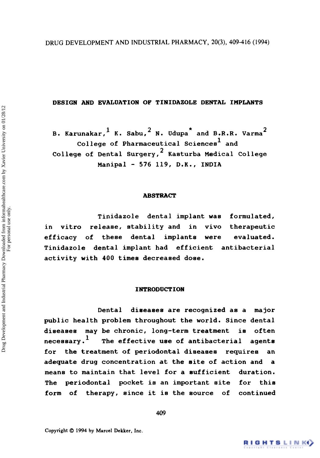 Design and Evaluation of Tinidazole Dental Implants by B. Karunakar K. Sabu N. Udupa & B. R. R. Varma