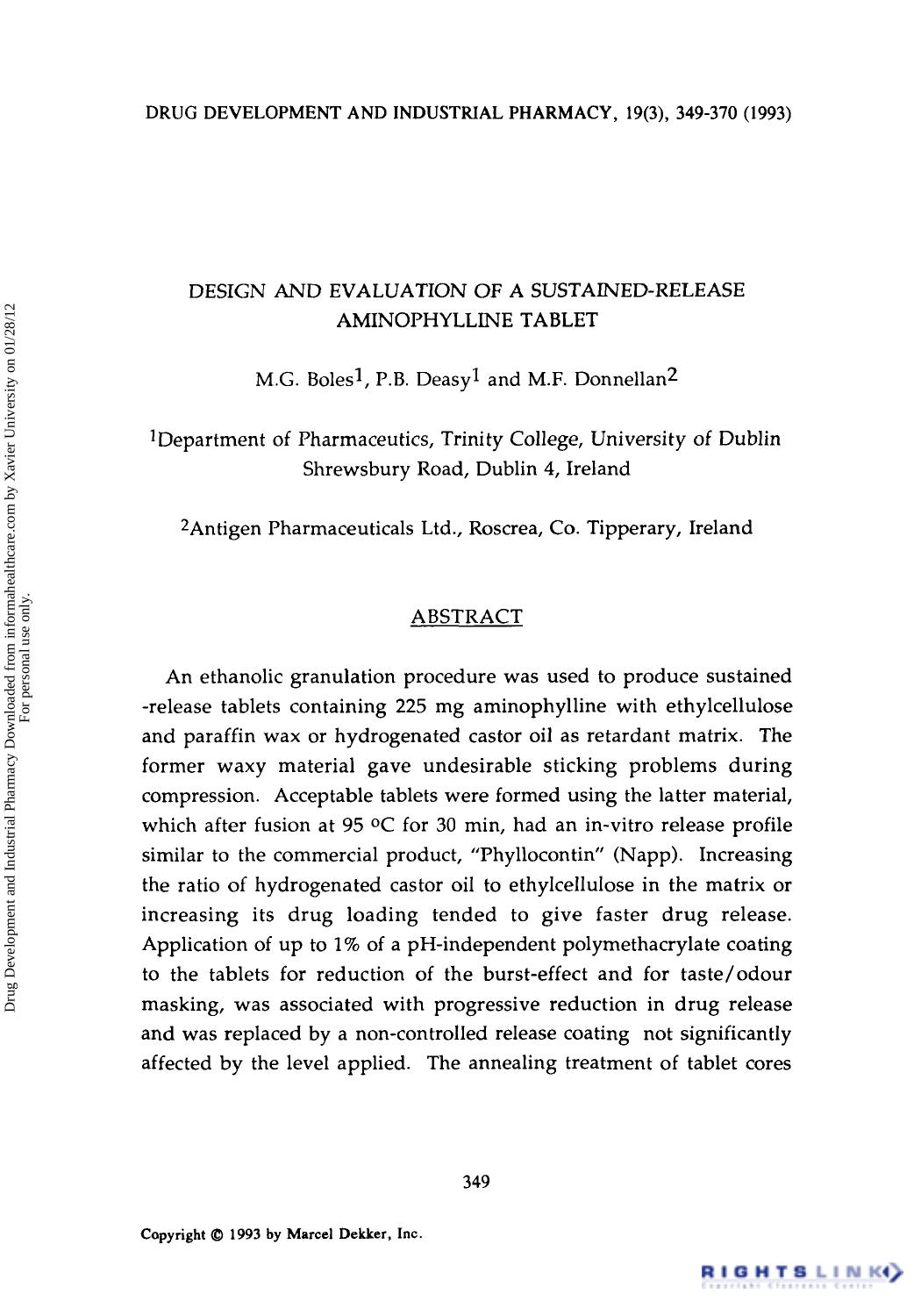 Design and Evaluation of a Sustained-Release Aminophylline Tablet by M. G. Boles P. B. Deasy & M. F. Donnellan