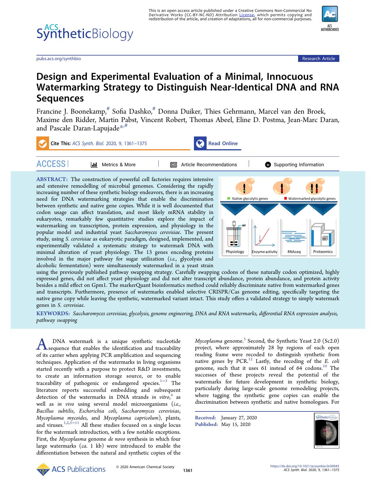 Design and Experimental Evaluation of a Minimal, Innocuous Watermarking Strategy to Distinguish Near-Identical DNA and RNA Sequences by unknow