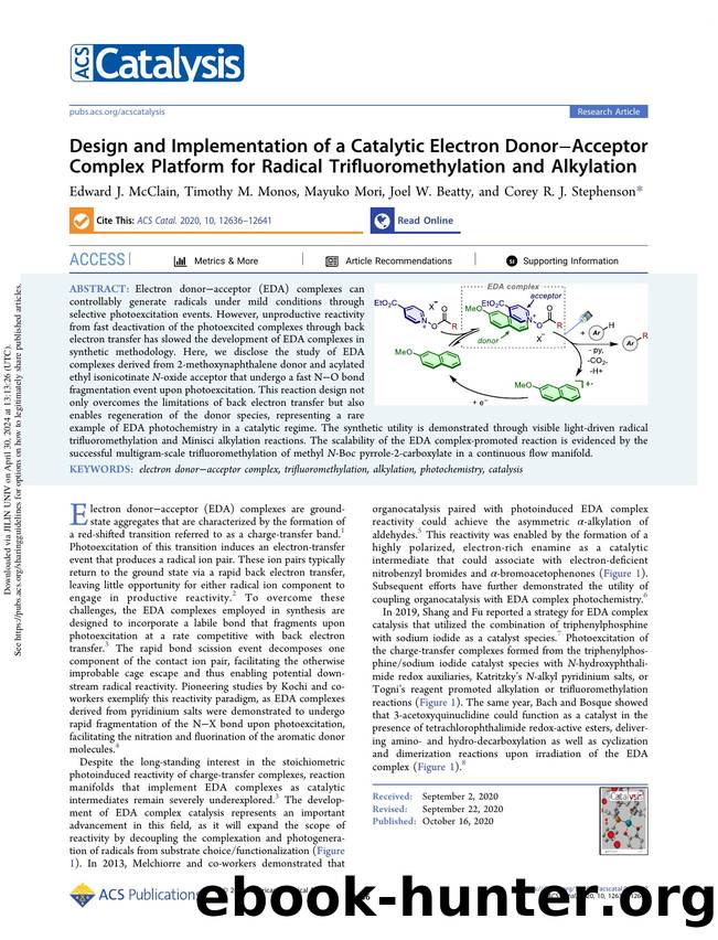 Design and Implementation of a Catalytic Electron DonorâAcceptor Complex Platform for Radical Trifluoromethylation and Alkylation by Edward J. McClain Timothy M. Monos Mayuko Mori Joel W. Beatty & Corey R. J. Stephenson