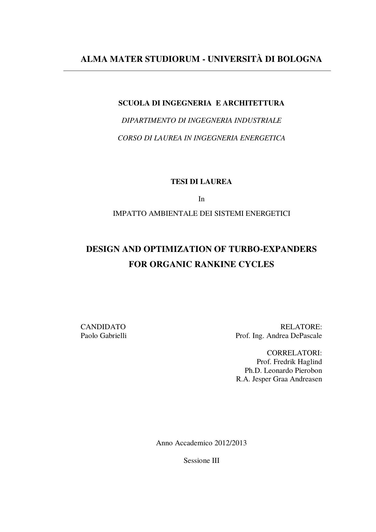 Design and Optimization of Turbo-expanders for Organic Rankine Cycles: A computational tool for turbine design for ORC applications by Paolo Gabrielli