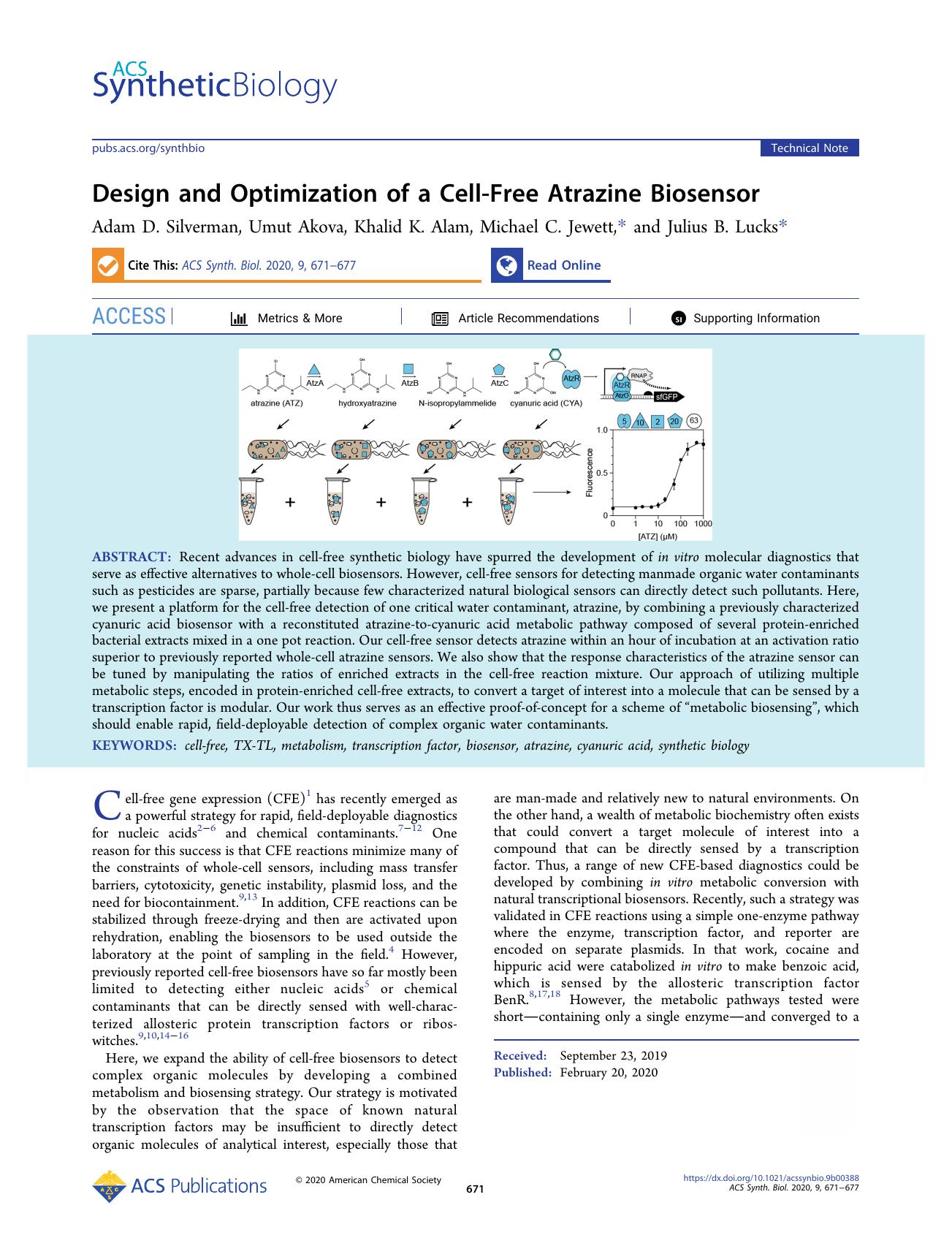 Design and Optimization of a Cell-Free Atrazine Biosensor by Adam D. Silverman Umut Akova Khalid K. Alam Michael C. Jewett and Julius B. Lucks