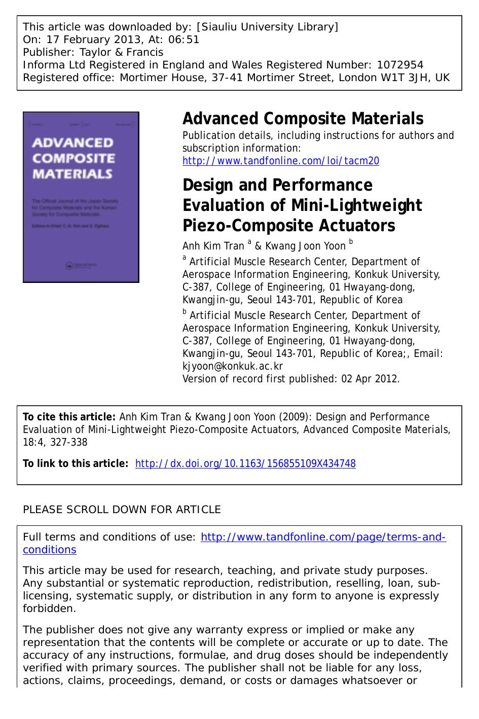 Design and Performance Evaluation of Mini-Lightweight Piezo-Composite Actuators by Anh Kim Tran & Kwang Joon Yoon
