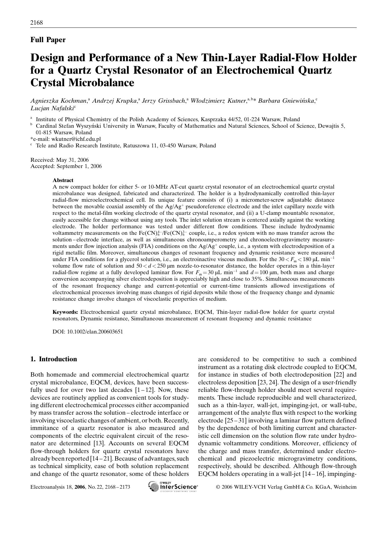 Design and Performance of a New Thin-Layer Radial-Flow Holder for a Quartz Crystal Resonator of an Electrochemical Quartz Crystal Microbalance by Unknown