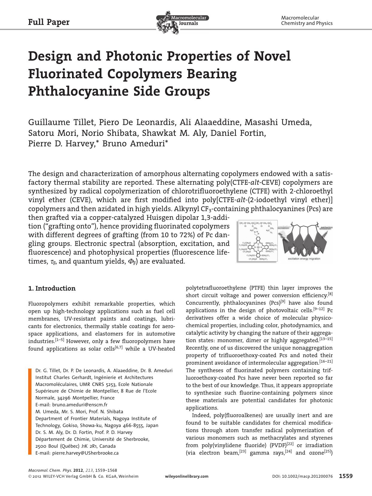 Design and Photonic Properties of Novel Fluorinated Copolymers Bearing Phthalocyanine Side Groups by vng
