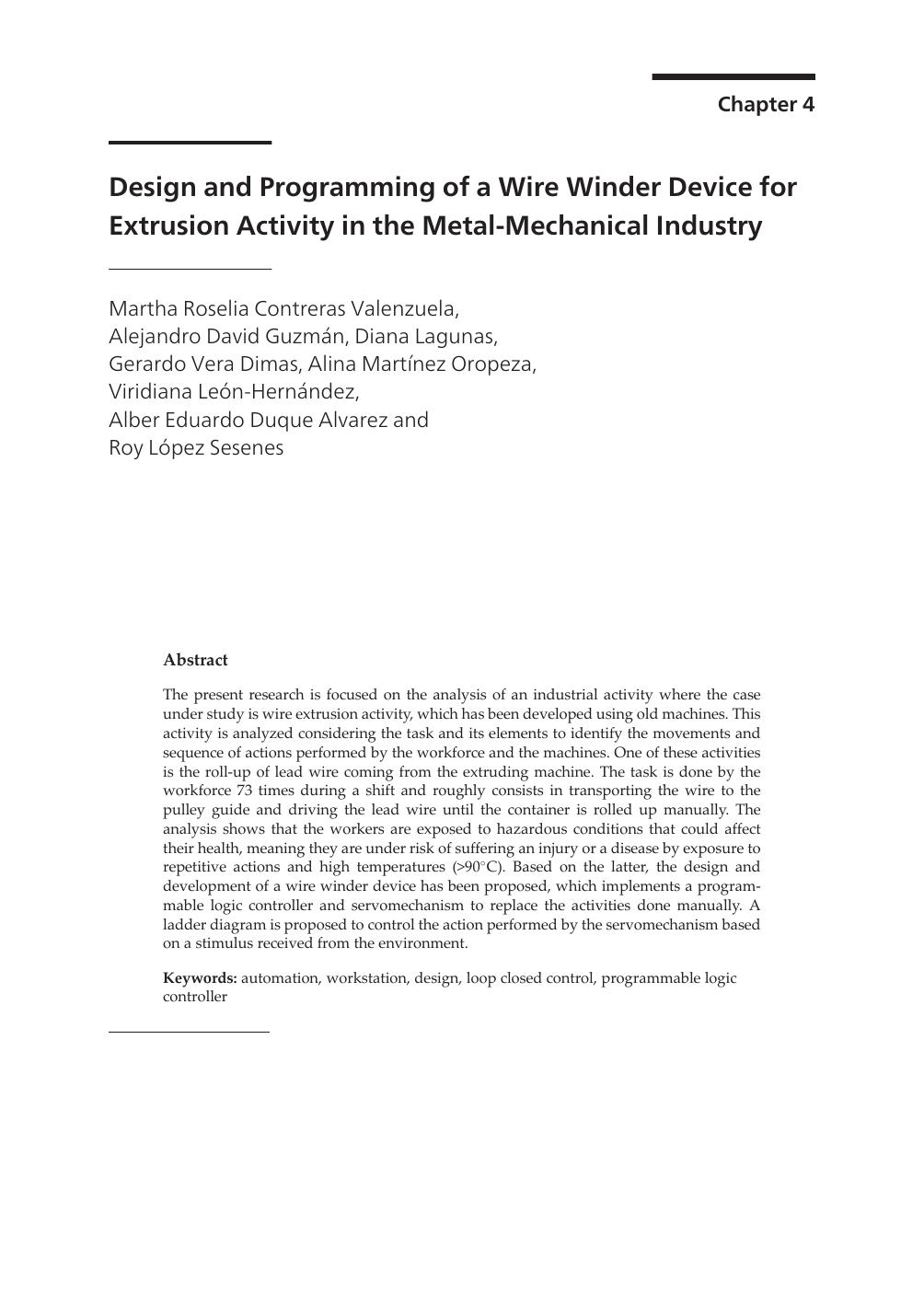 Design and Programming of a Wire Winder Device for Extrusion Activity in the Metal-Mechanical Industry by unknow