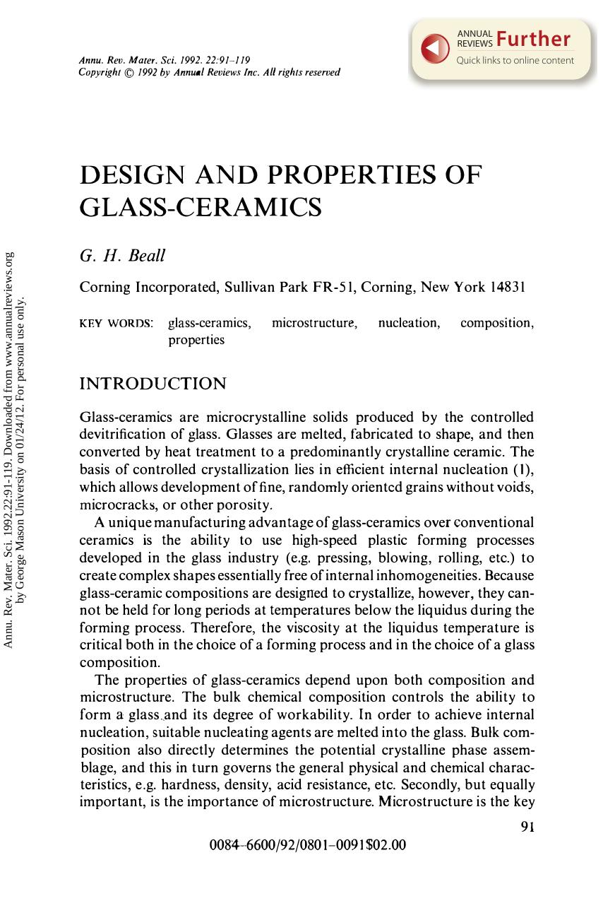 Design and Properties of Glass-Ceramics by G H Beall