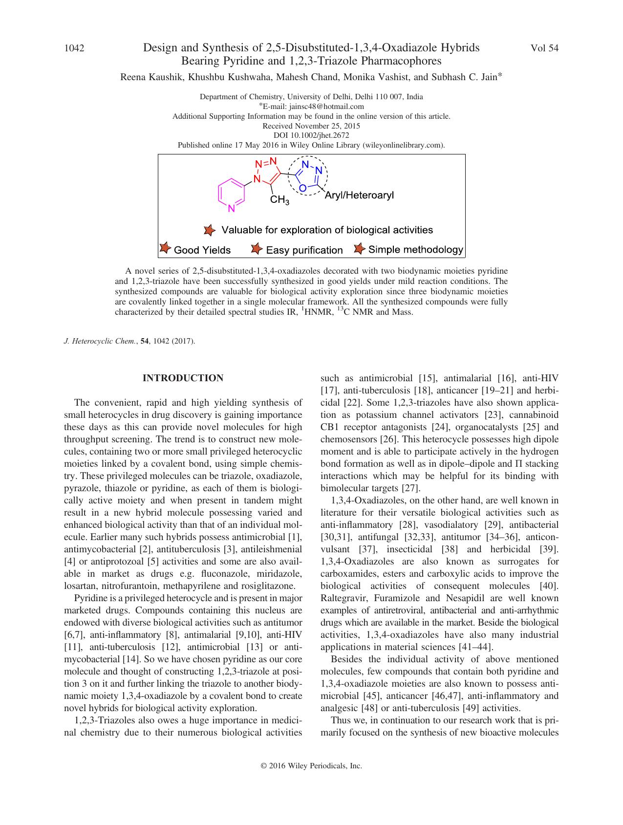Design and Synthesis of 2,5-Disubstituted-1,3,4-Oxadiazole Hybrids Bearing Pyridine and 1,2,3-Triazole Pharmacophores by Reena Kaushik Khushbu Kushwaha Mahesh Chand Monika Vashist Subhash C. Jain