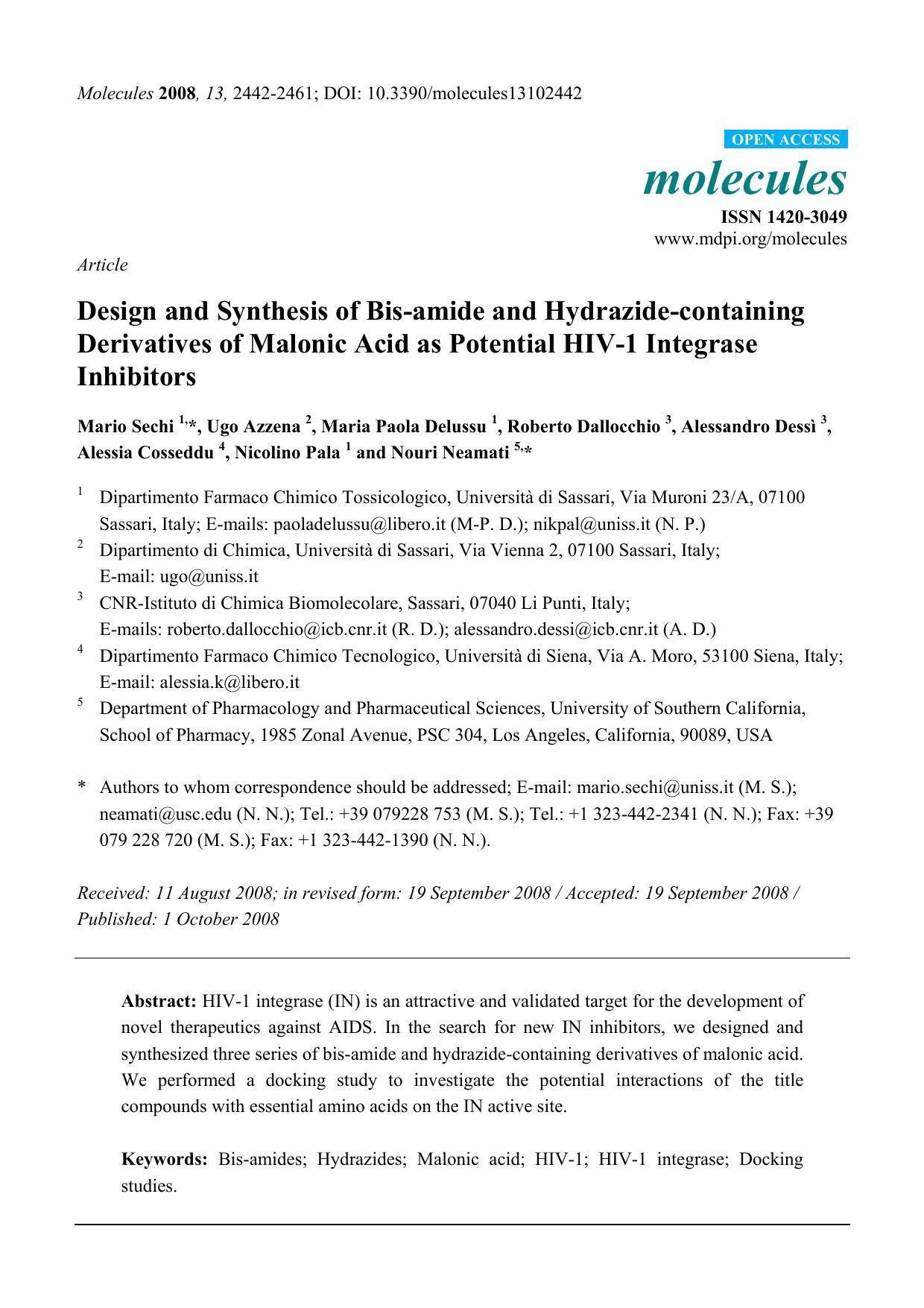Design and Synthesis of Bis-amide and Hydrazide-containing Derivatives of Malonic Acid as Potential HIV-1 Integrase Inhibitors by unknow