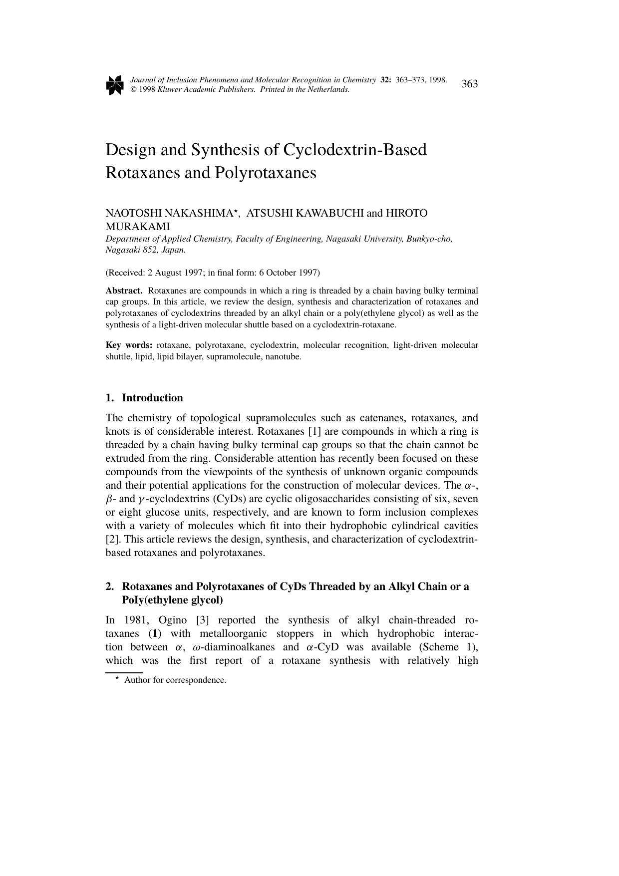 Design and Synthesis of Cyclodextrin-Based Rotaxanes and Polyrotaxanes by Unknown