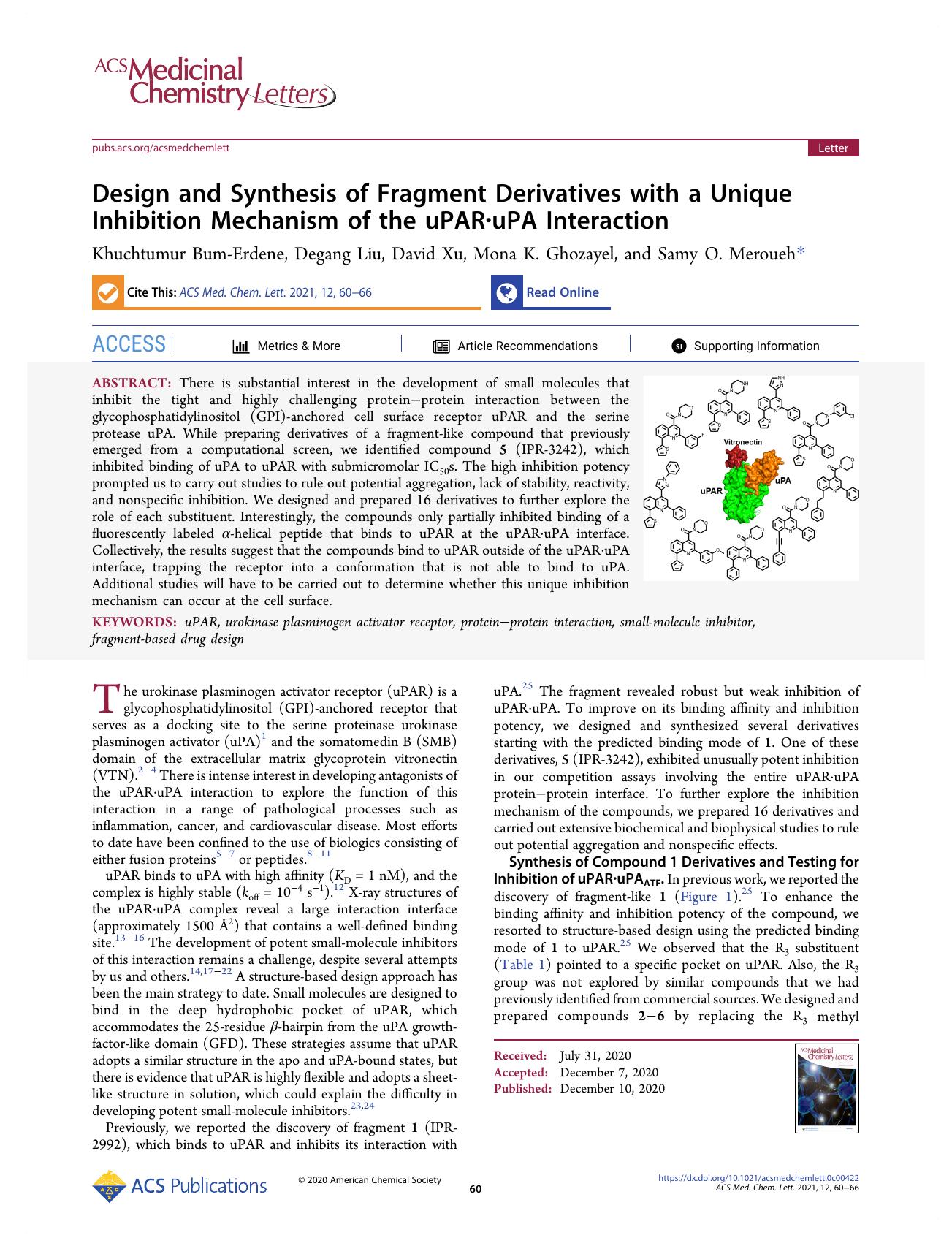 Design and Synthesis of Fragment Derivatives with a Unique Inhibition Mechanism of the uPARÂ·uPA Interaction by Khuchtumur Bum-Erdene; Degang Liu; David Xu; Mona K. Ghozayel; Samy O. Meroueh