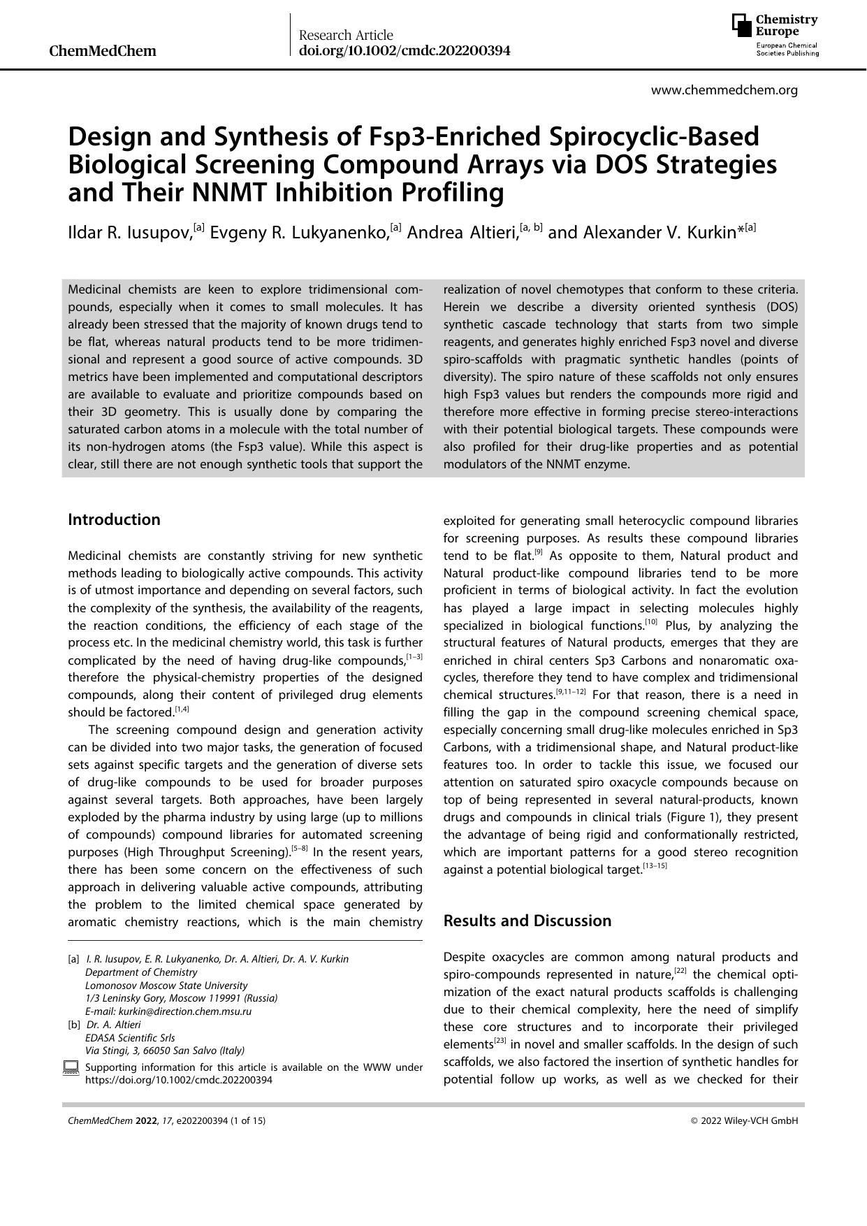 Design and Synthesis of Fsp3âEnriched SpirocyclicâBased Biological Screening Compound Arrays via DOS Strategies and Their NNMT Inhibition Profiling by Unknown