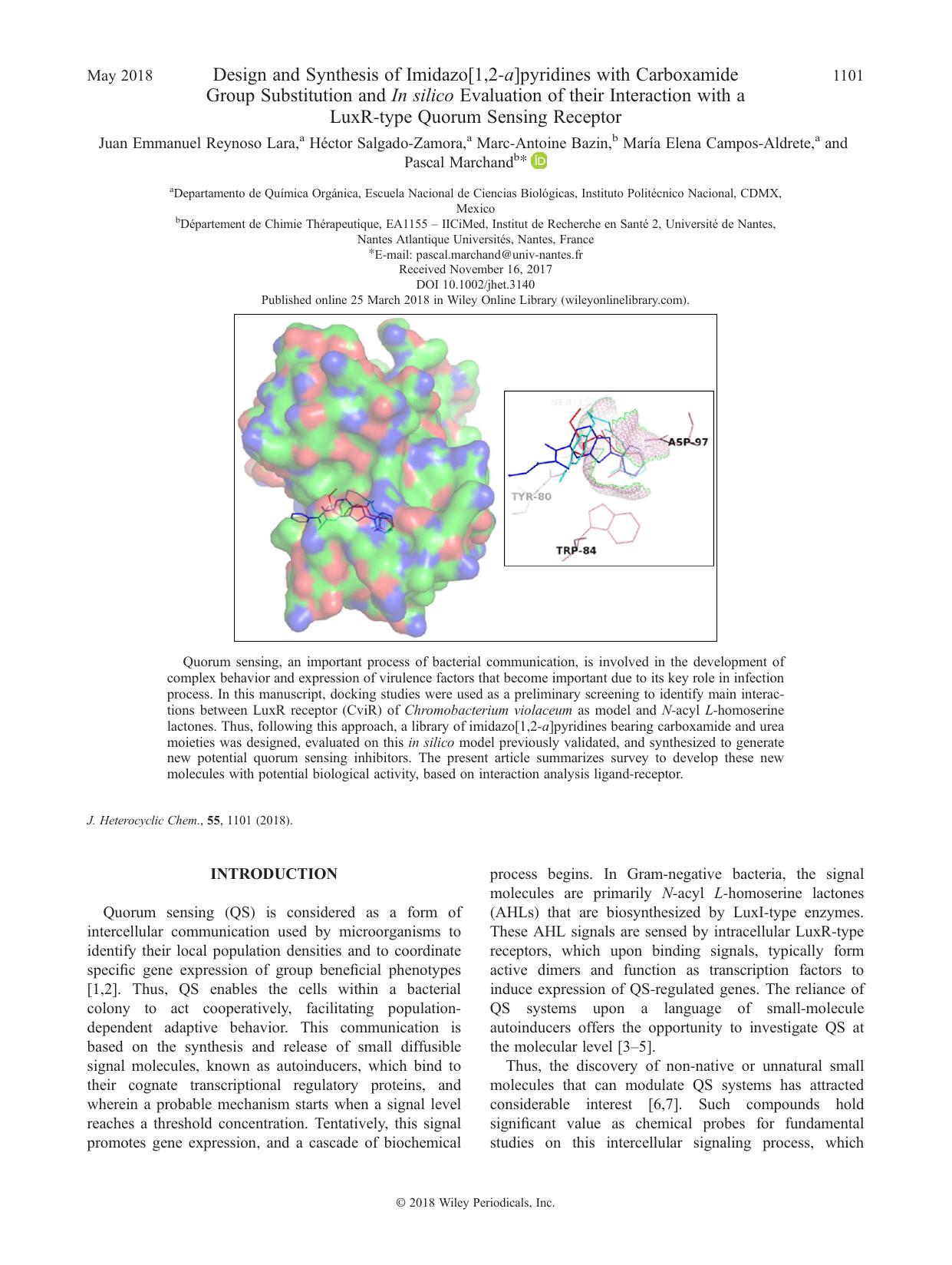 Design and Synthesis of Imidazo[1,2-a]pyridines with Carboxamide Group Substitution and In silico Evaluation of their Interaction with a LuxR-type Quorum Sensing Receptor by unknow