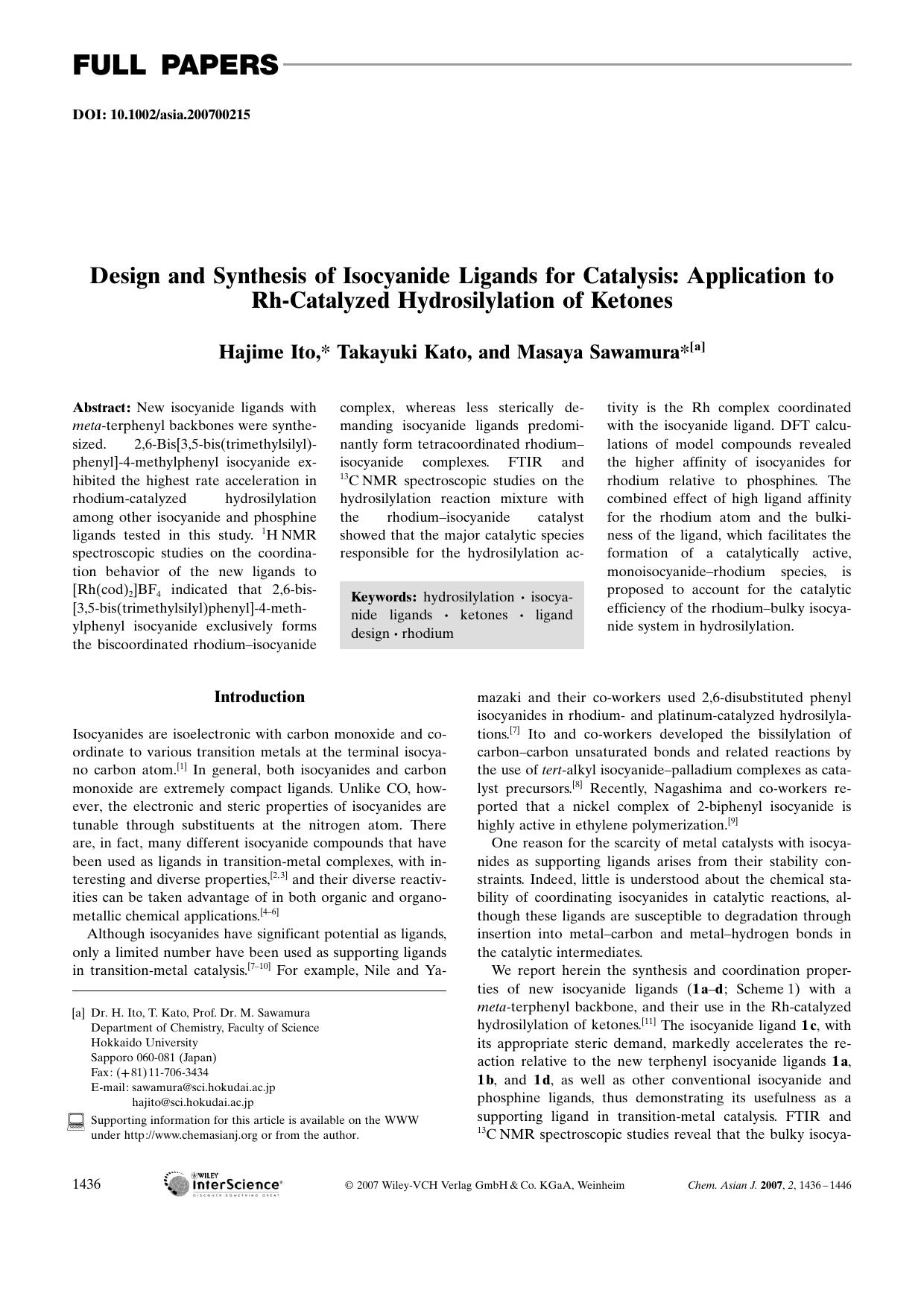 Design and Synthesis of Isocyanide Ligands for Catalysis: Application to Rh-Catalyzed Hydrosilylation of Ketones by Unknown