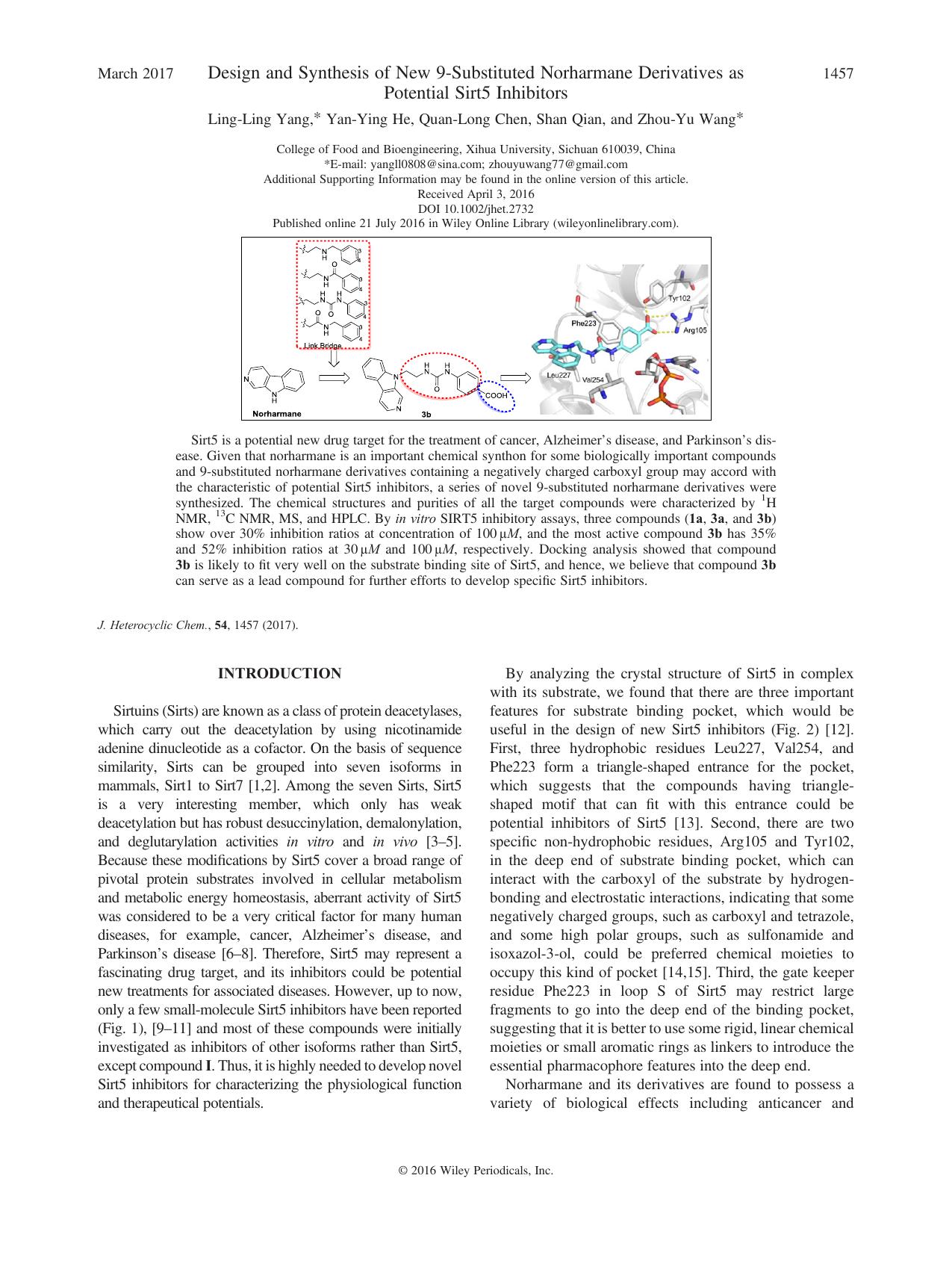Design and Synthesis of New 9-Substituted Norharmane Derivatives as Potential Sirt5 Inhibitors by Ling-Ling Yang Yan-Ying He Quan-Long Chen Shan Qian Zhou-Yu Wang
