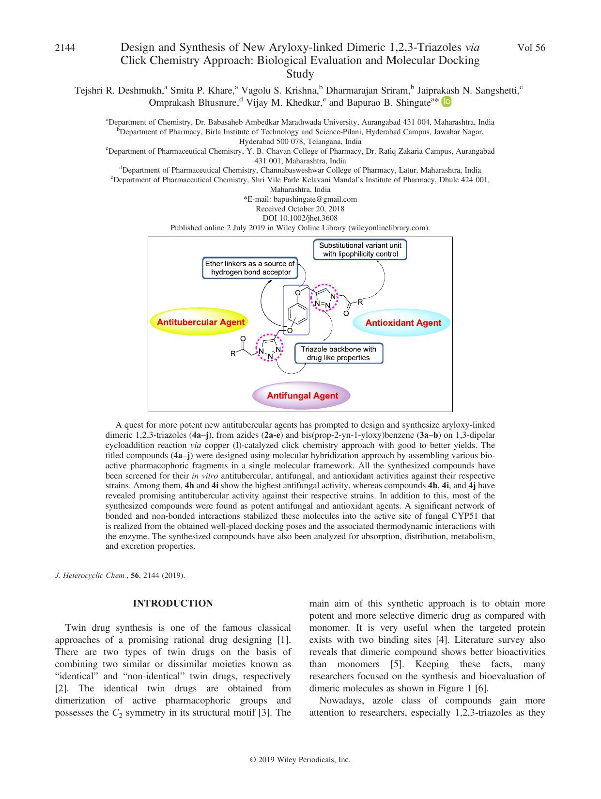 Design and Synthesis of New Aryloxy-linked Dimeric 1,2,3-Triazoles via Click Chemistry Approach: Biological Evaluation and Molecular Docking Study by unknow